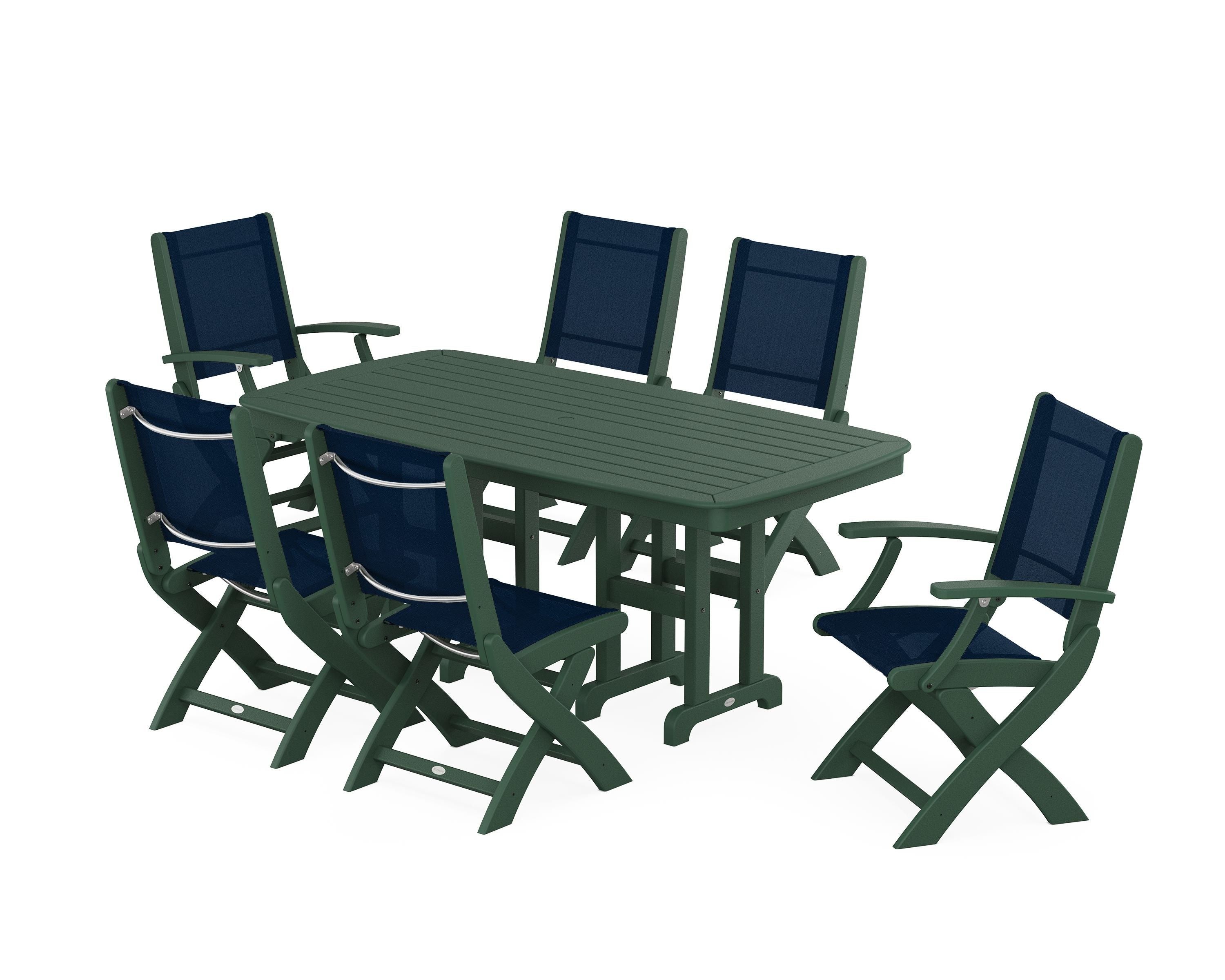 POLYWOOD® Coastal Folding Chair 7-Piece Dining Set in Green / Navy Blue Sling