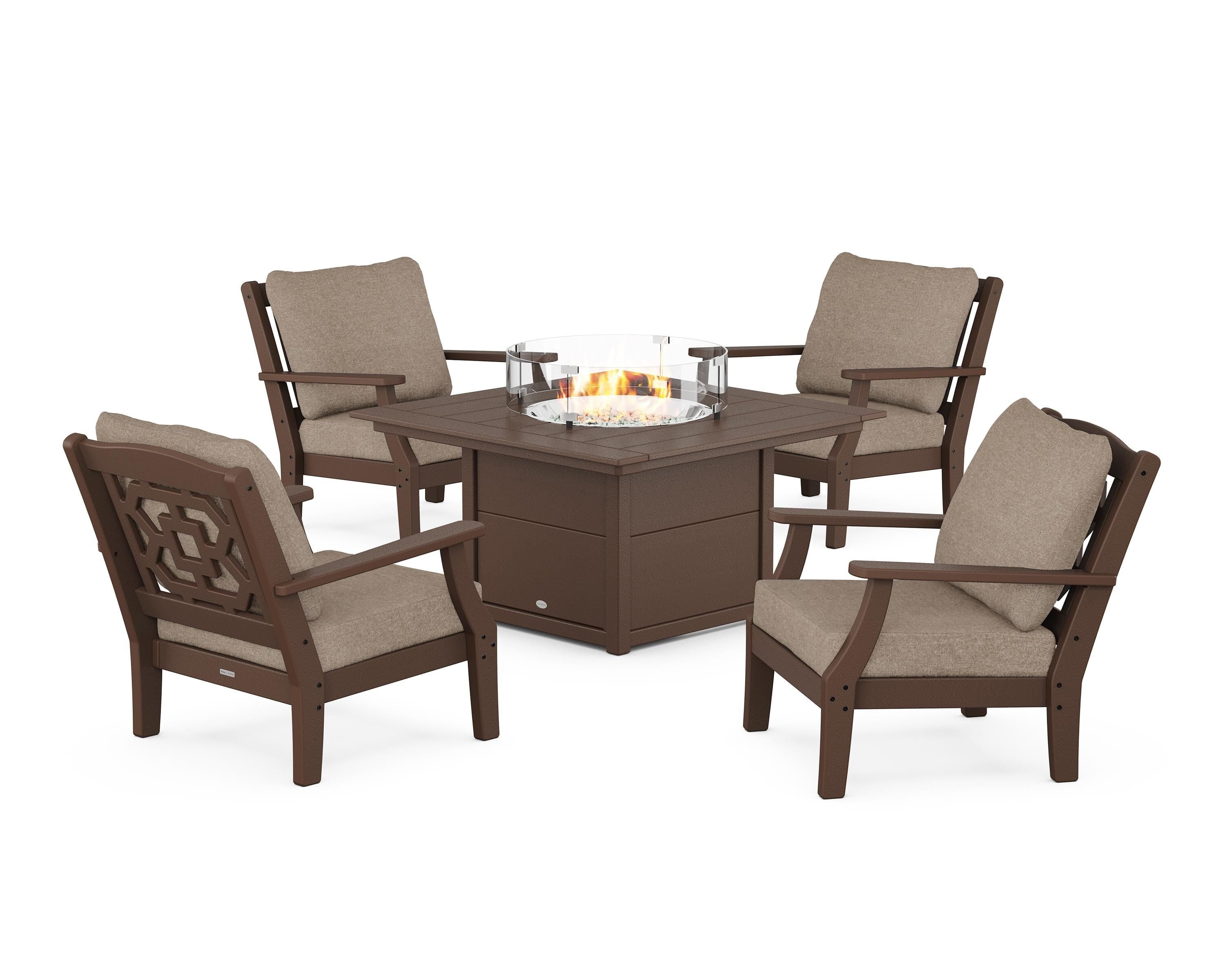 Martha Stewart by POLYWOOD® Chinoiserie 5-Piece Deep Seating Set with Fire Pit Table in Mahogany / Spiced Burlap