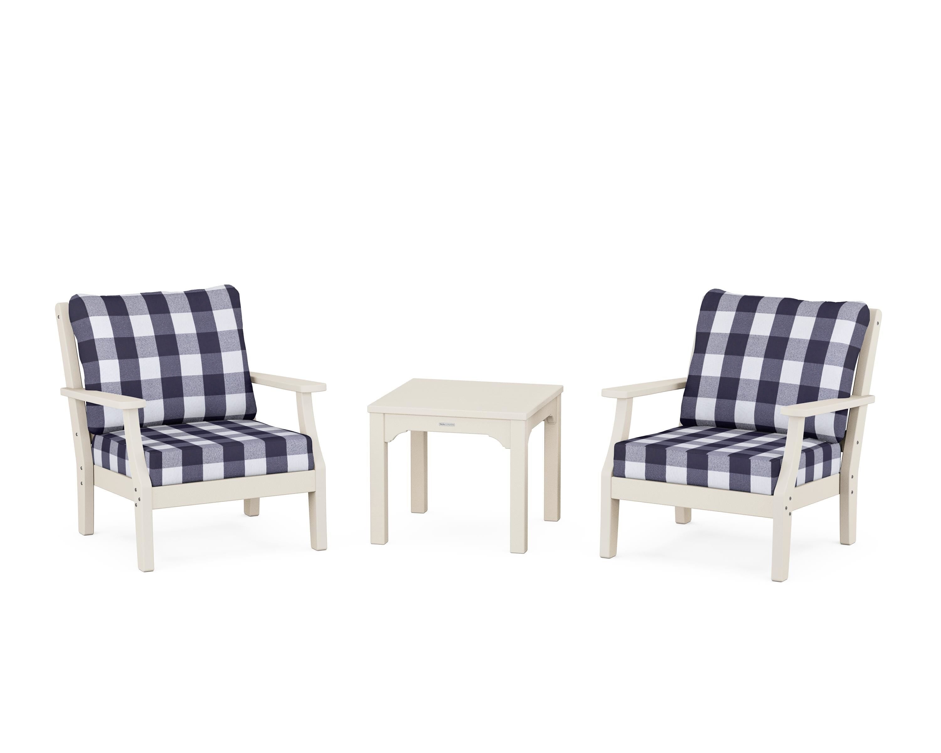Martha Stewart by POLYWOOD® Chinoiserie 3-Piece Deep Seating Set in Sand / Buffalo Plaid Navy