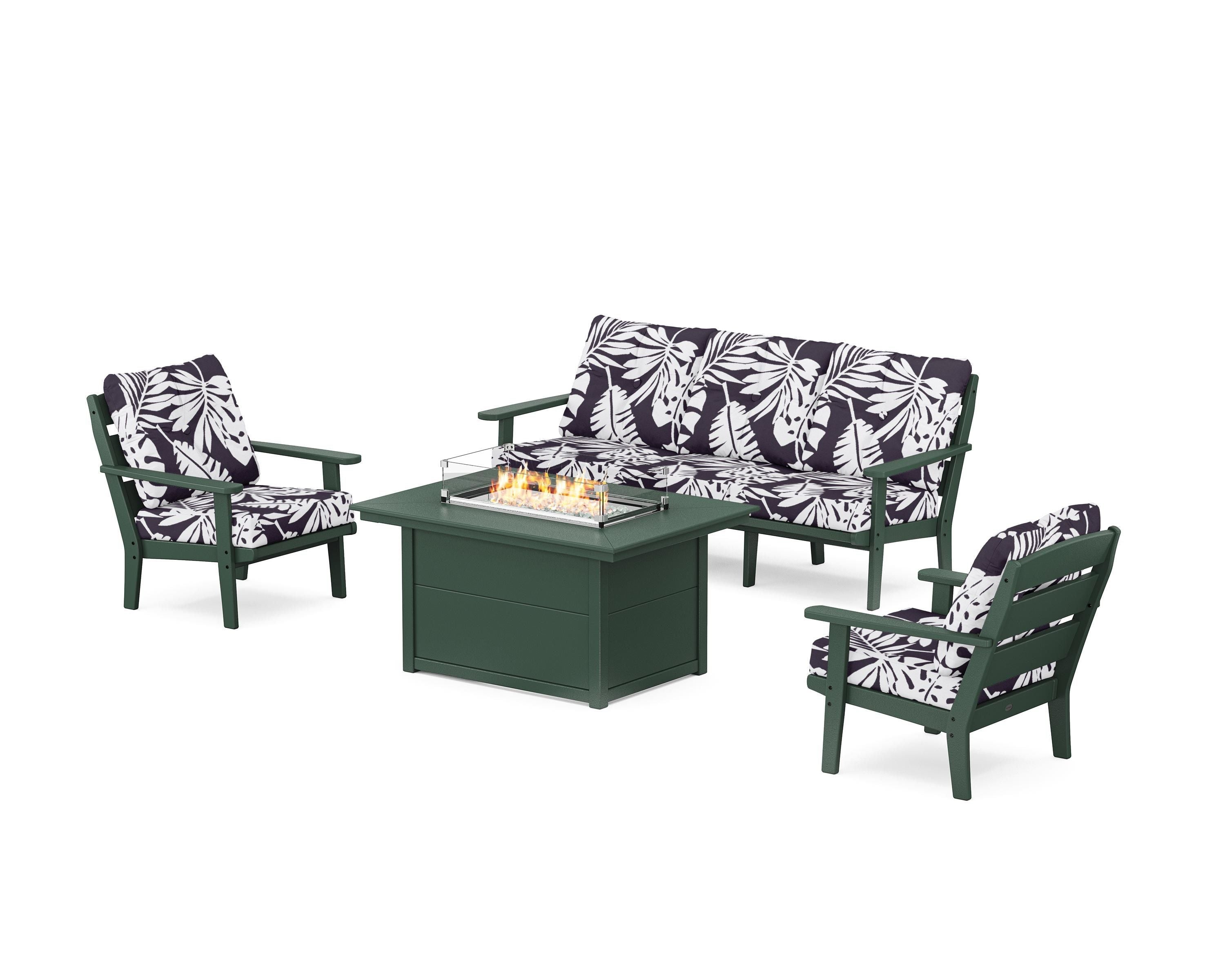 POLYWOOD® Lakeside Deep Seating Fire Pit Table Set in Green / Leaf Navy