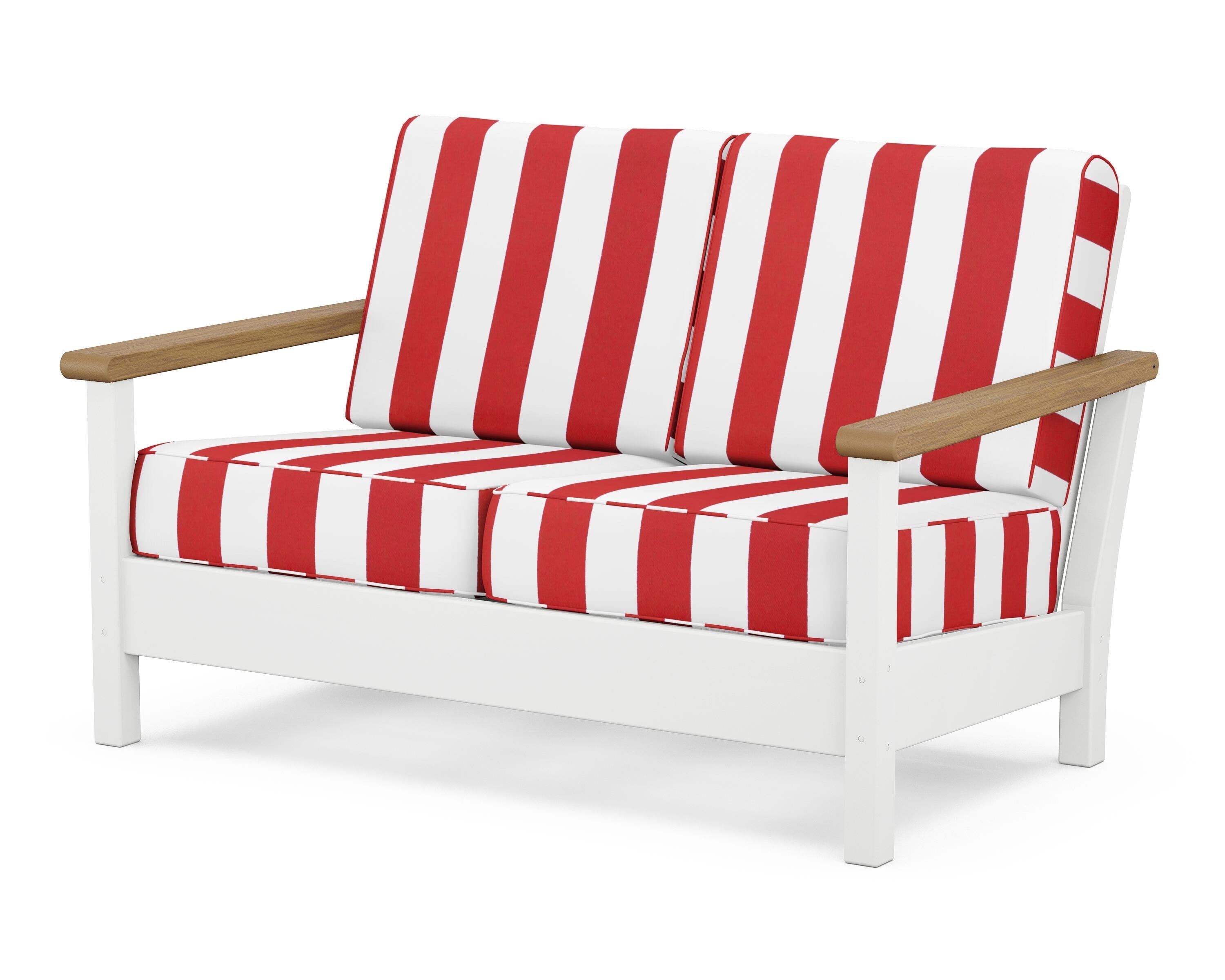 POLYWOOD® Harbour Deep Seating Loveseat in White / Natural / Cabana Stripe Crimson