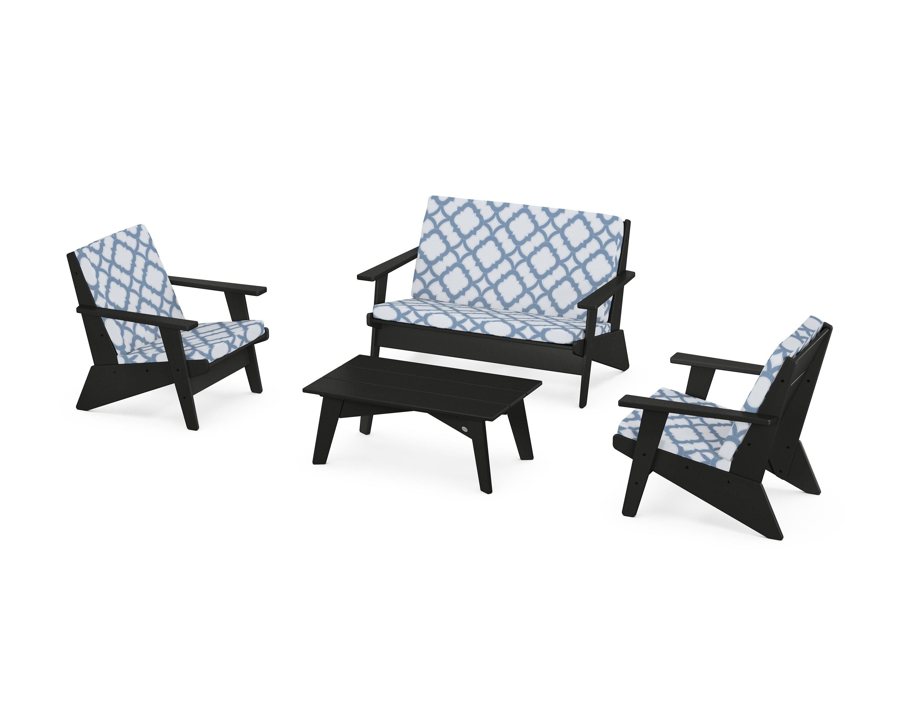 POLYWOOD® Riviera Modern Lounge 4-Piece Set in Black / Trellis Sky Blue
