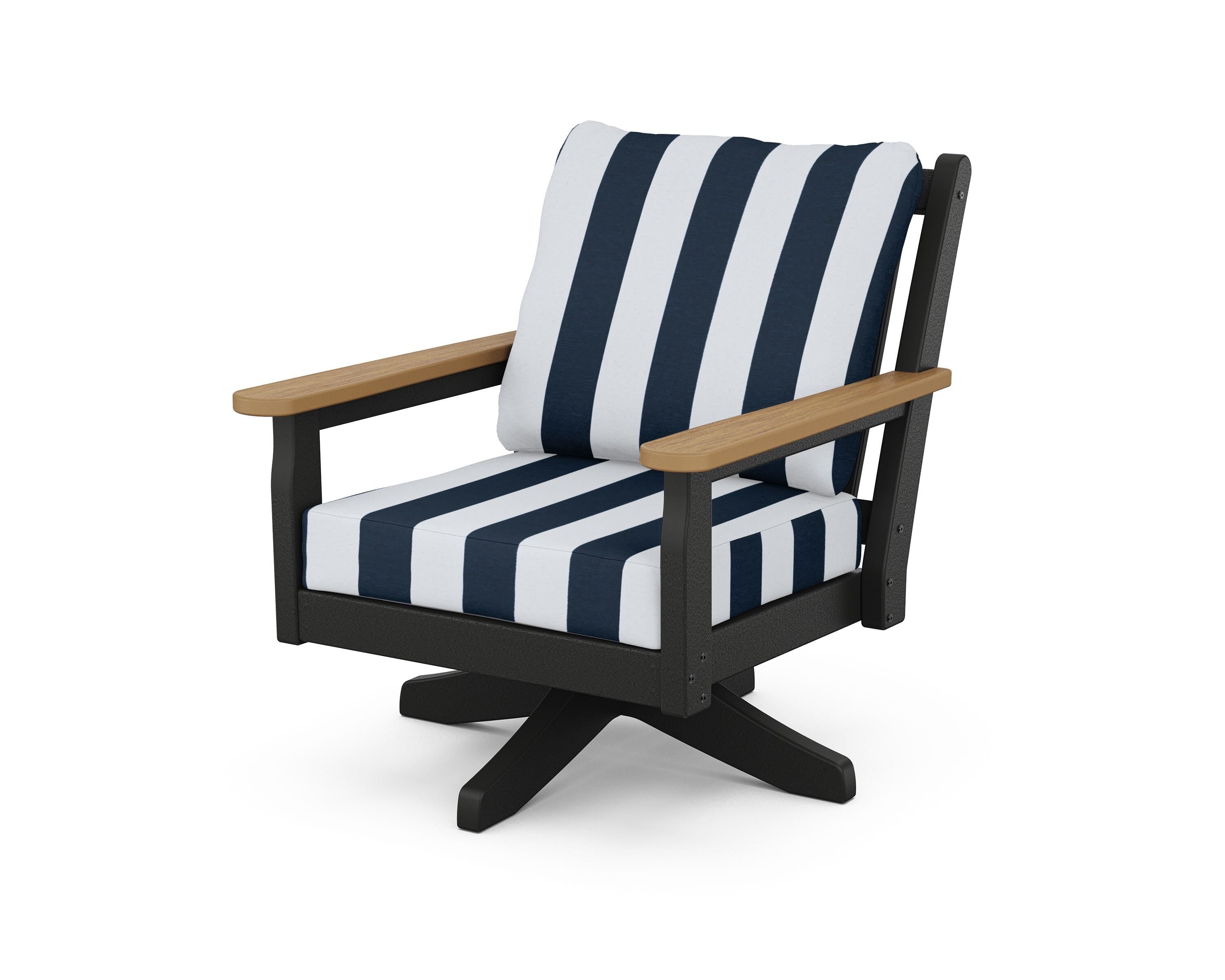 POLYWOOD® Chippendale Deep Seating Swivel Chair in Black / Natural / Cabana Stripe Marine Indigo