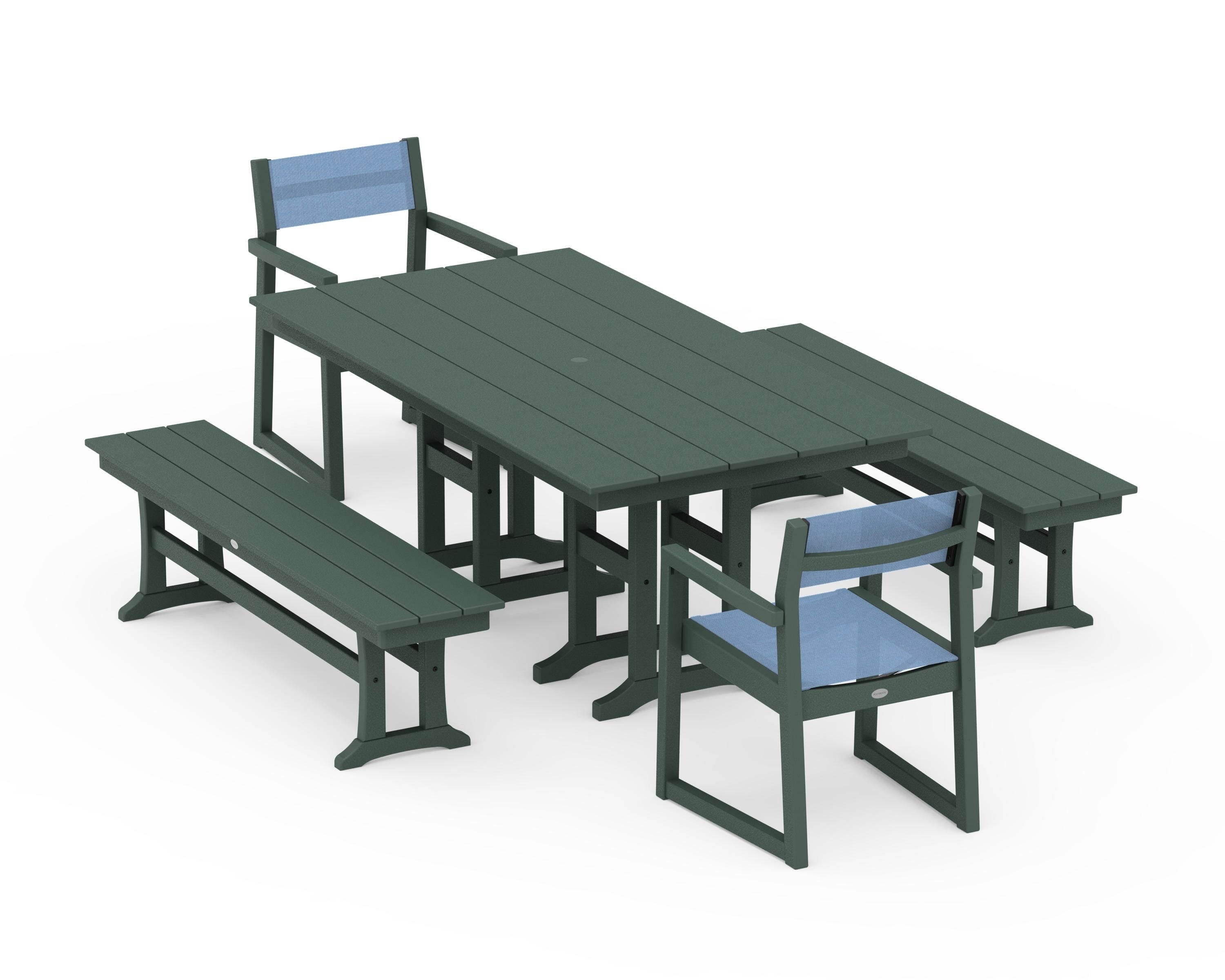 POLYWOOD® EDGE Sling Arm Chair 5-Piece Farmhouse Dining Set with Benches in Green / Poolside Sling