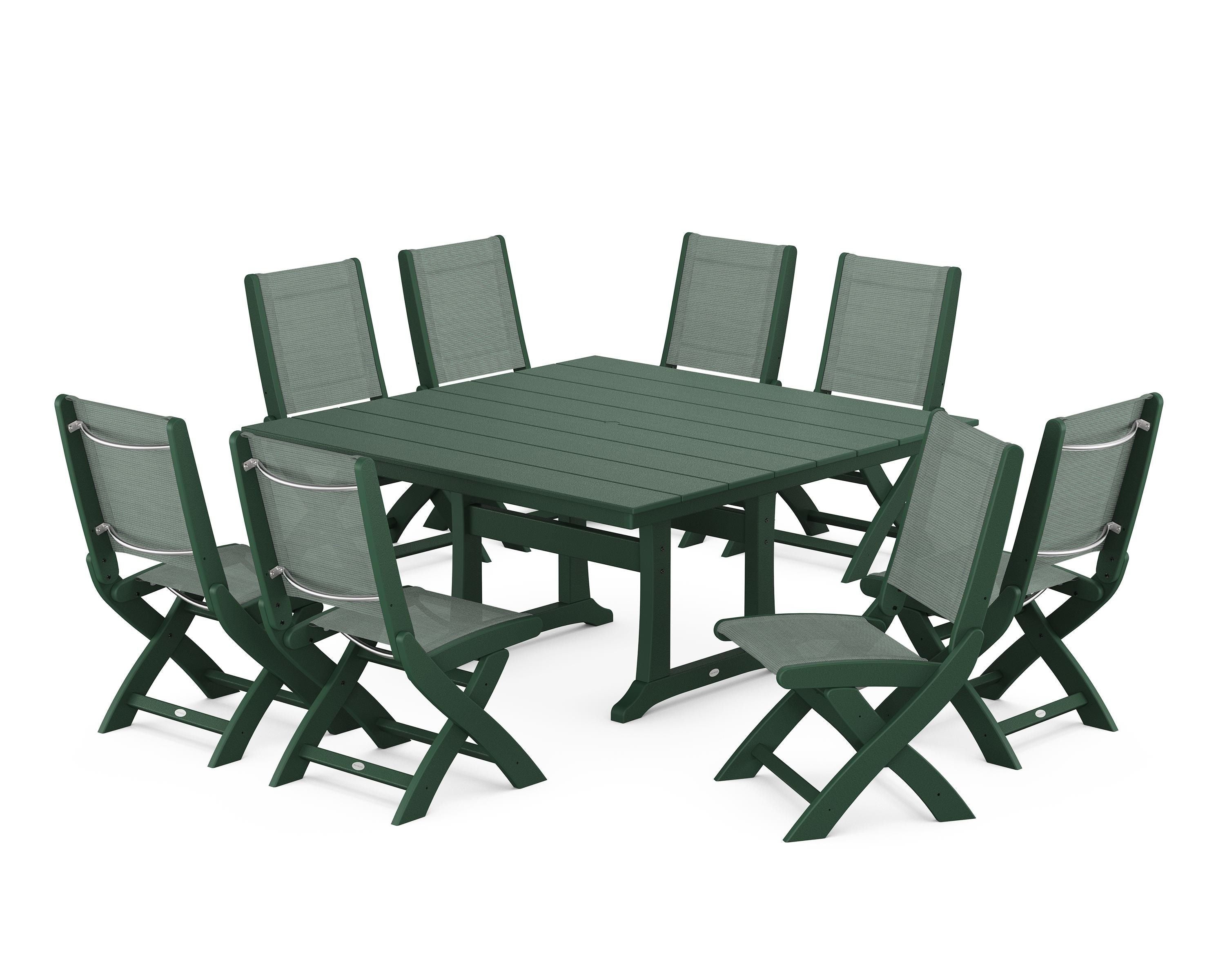 POLYWOOD® Coastal Folding Side Chair 9-Piece Farmhouse Dining Set in Green / Dupioni Sea Mist Sling