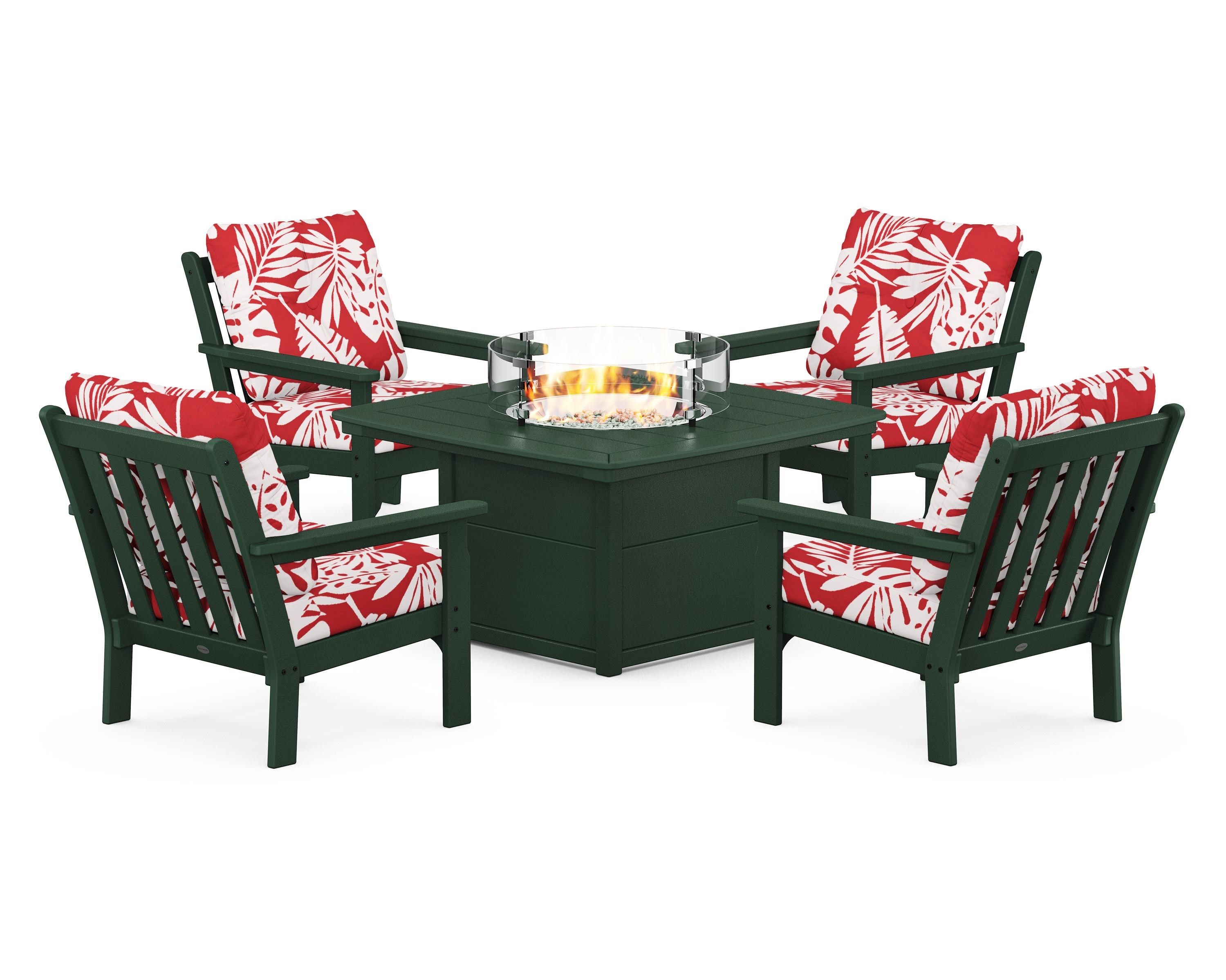 POLYWOOD® Vineyard 5-Piece Conversation Set with Fire Pit Table in Green / Leaf Crimson
