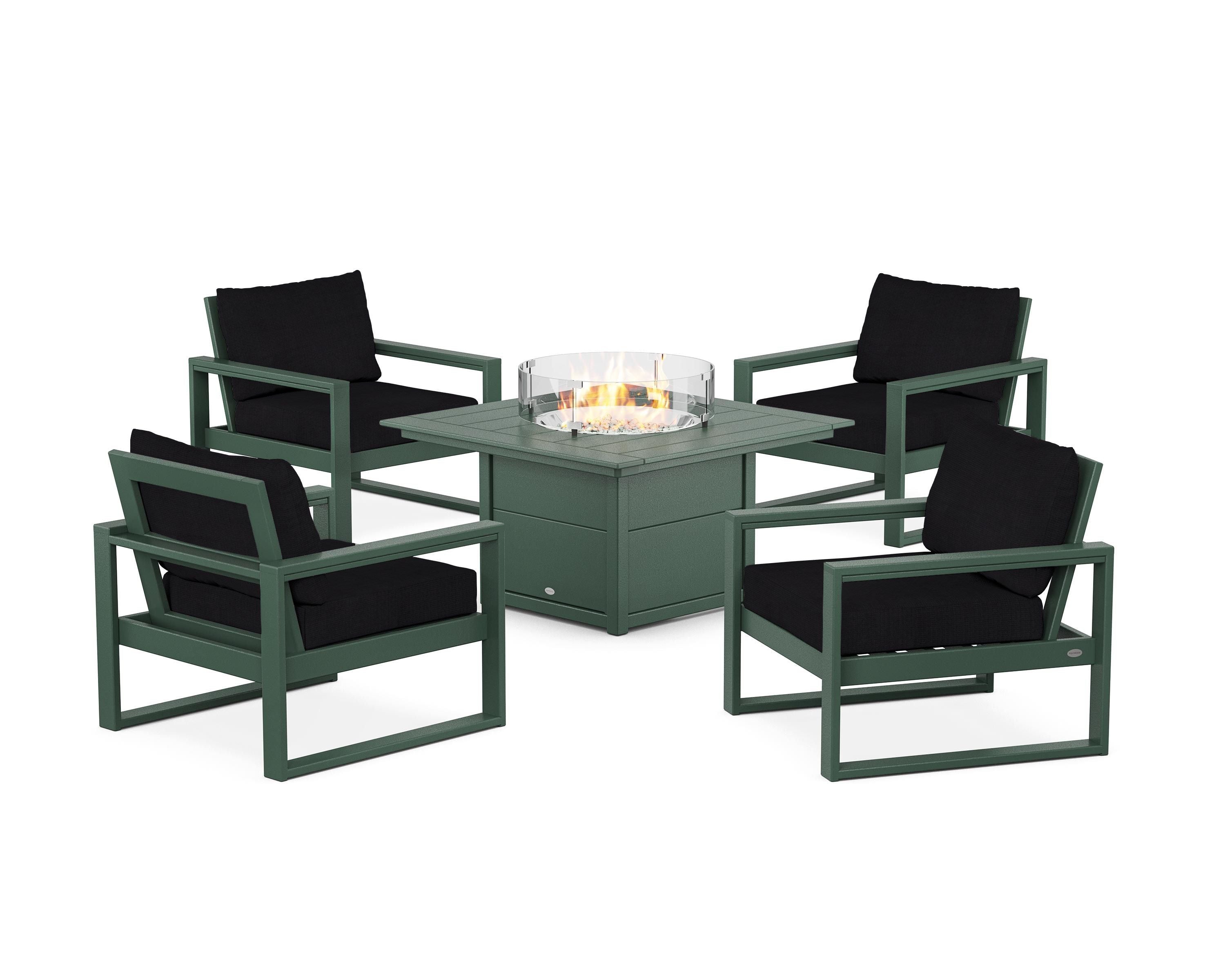 POLYWOOD® EDGE Sectional 5-Piece Deep Seating Set with Fire Pit Table in Green / Midnight Linen