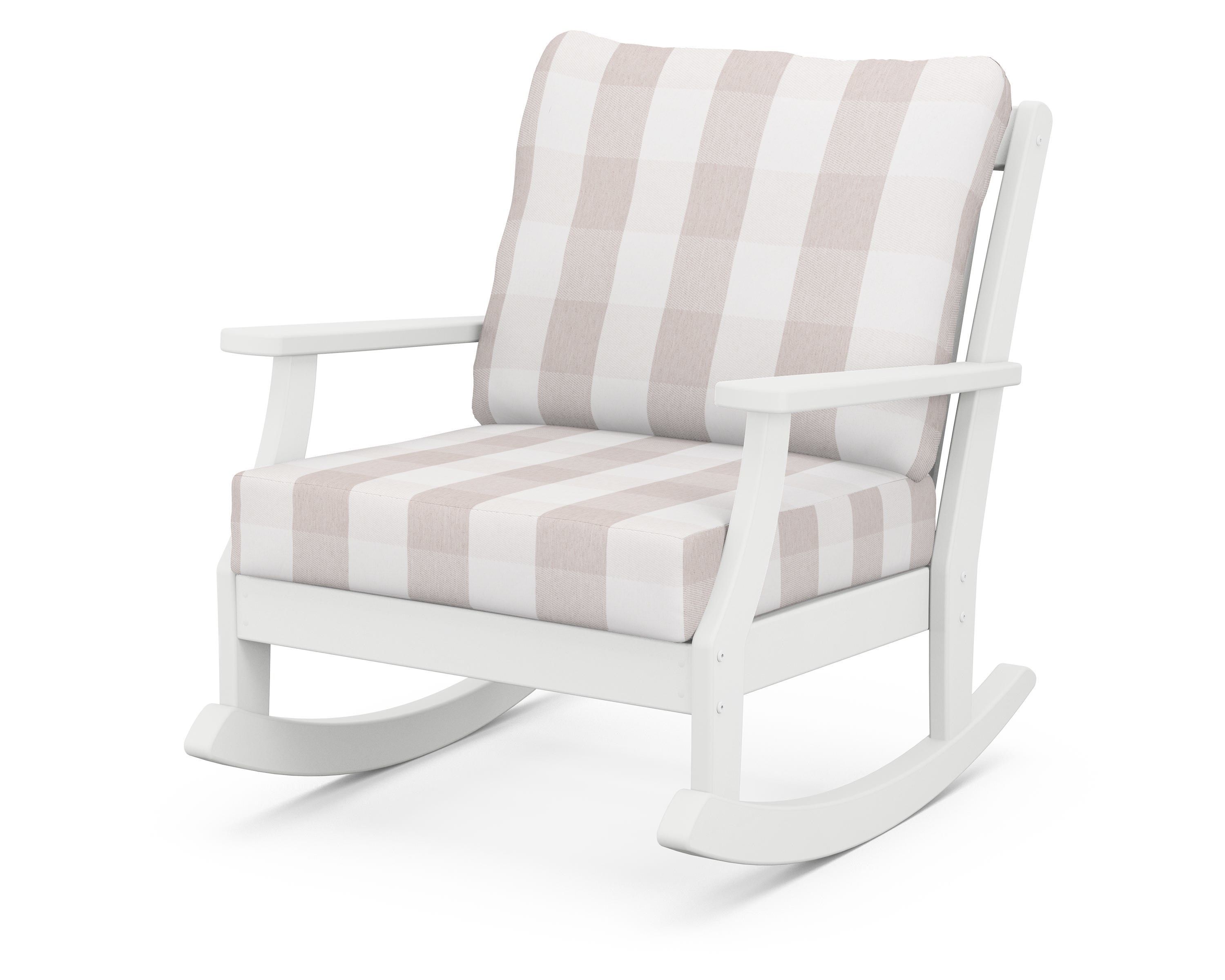 POLYWOOD® Braxton Deep Seating Rocking Chair in White / Buffalo Plaid Dune Burlap