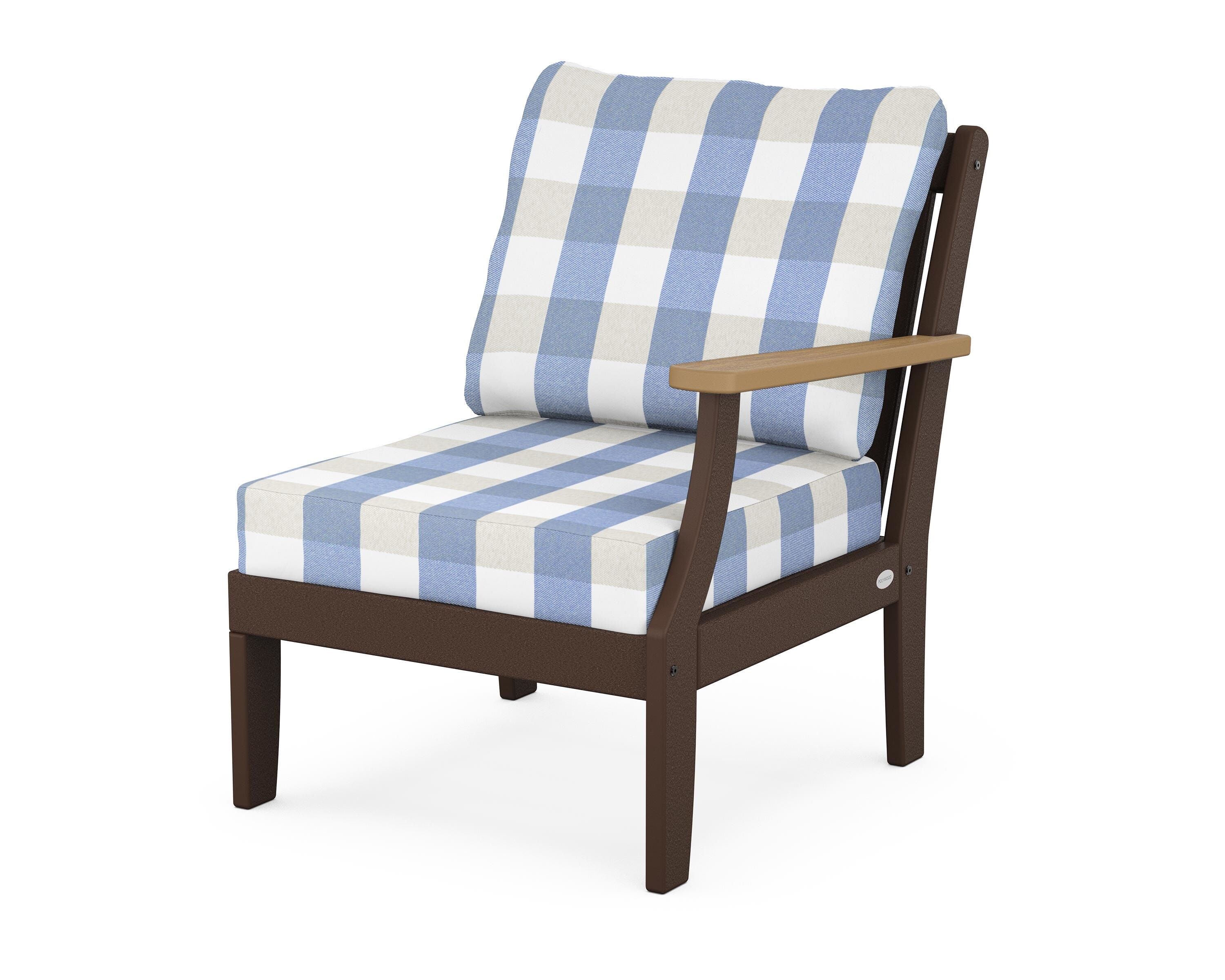 POLYWOOD® Braxton Modular Right Arm Chair in Mahogany / Natural / Buffalo Plaid Sky Blue
