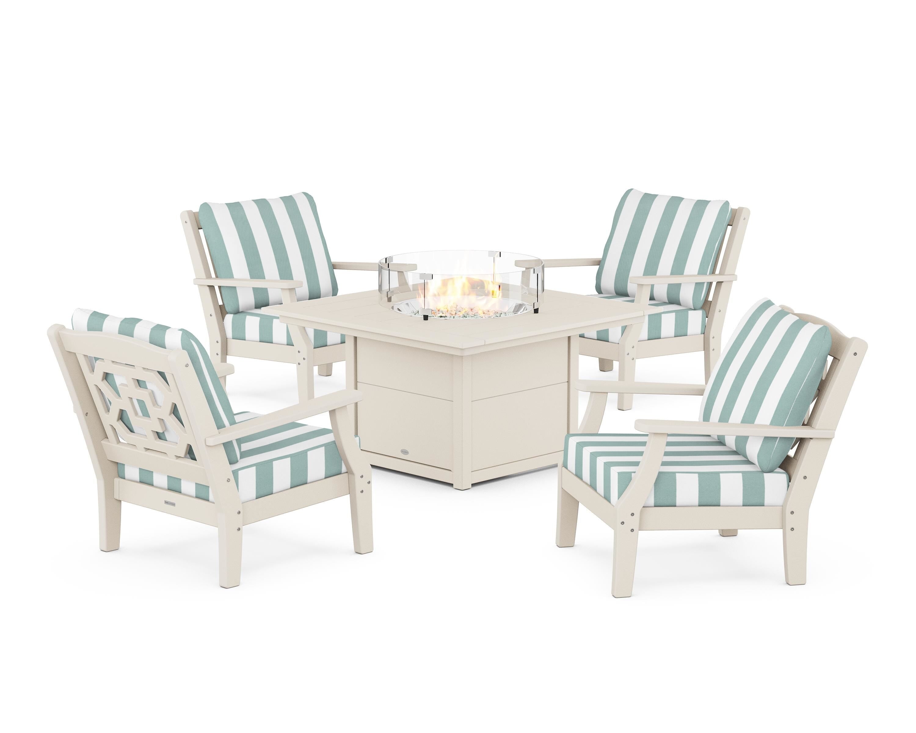 Martha Stewart by POLYWOOD® Chinoiserie 5-Piece Deep Seating Set with Fire Pit Table in Sand / Cabana Stripe Glacier Spa