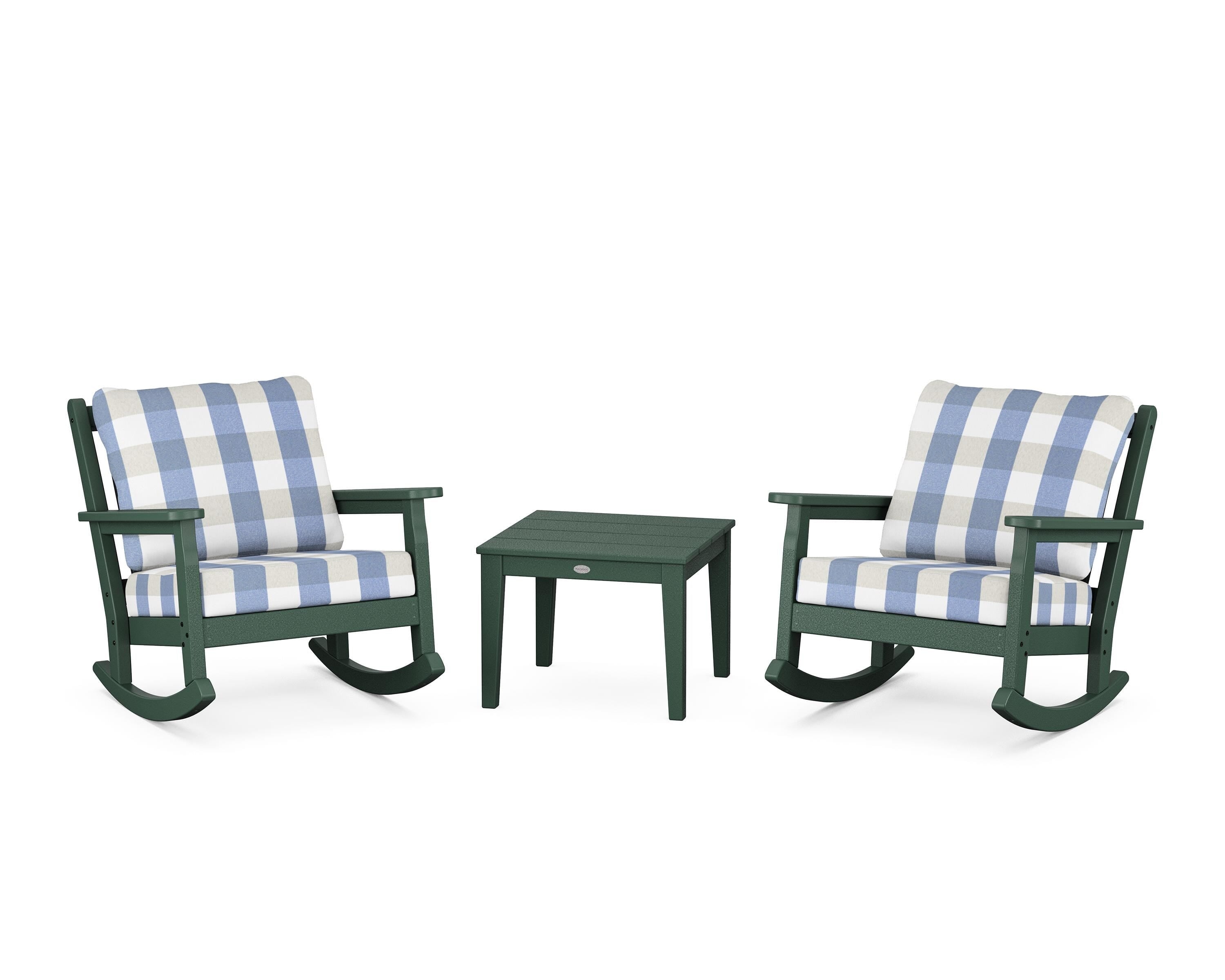 POLYWOOD® Chippendale 3-Piece Deep Seating Rocker Set in Green / Buffalo Plaid Sky Blue