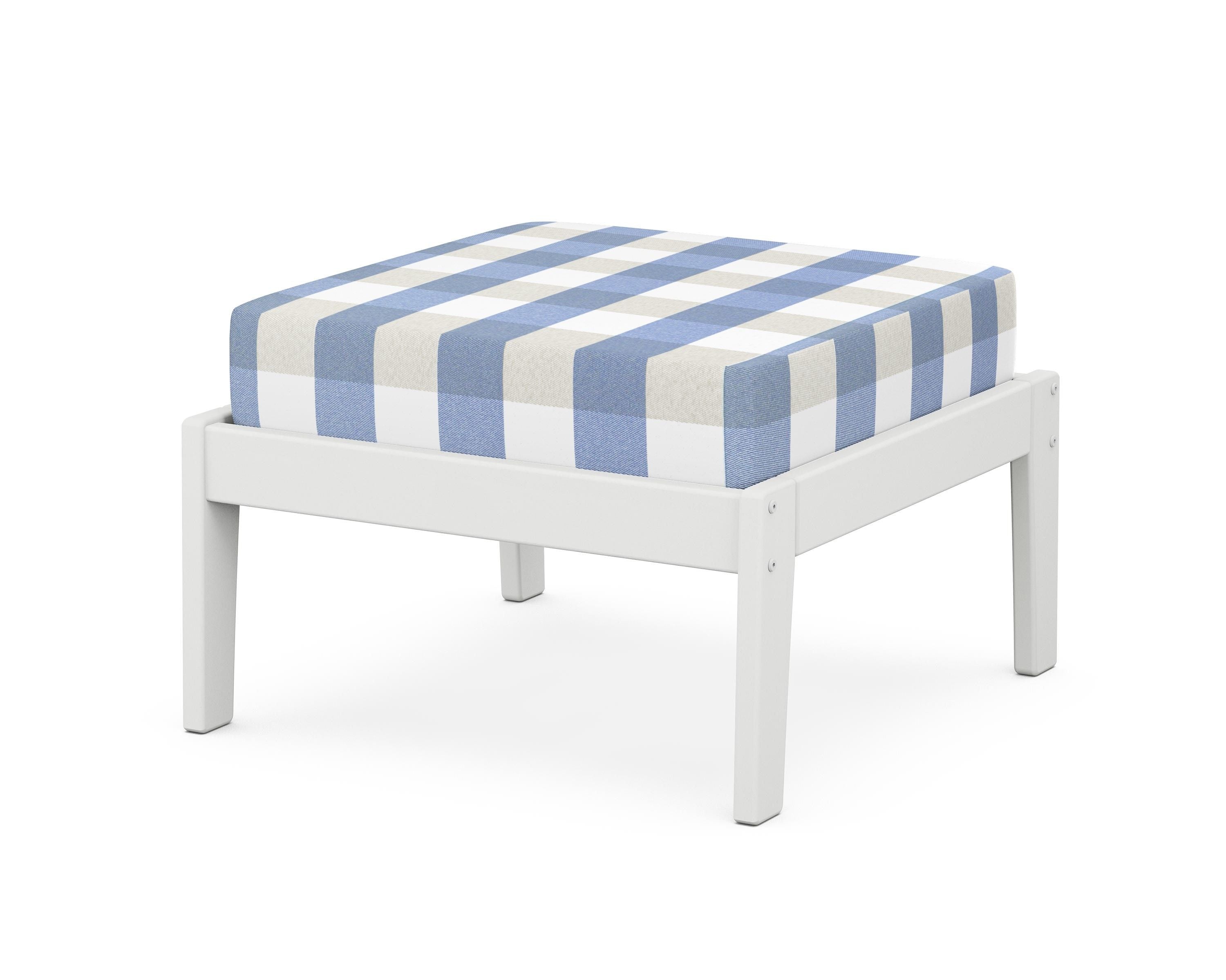 Unbranded Deep Seating Ottoman in White / Buffalo Plaid Sky Blue