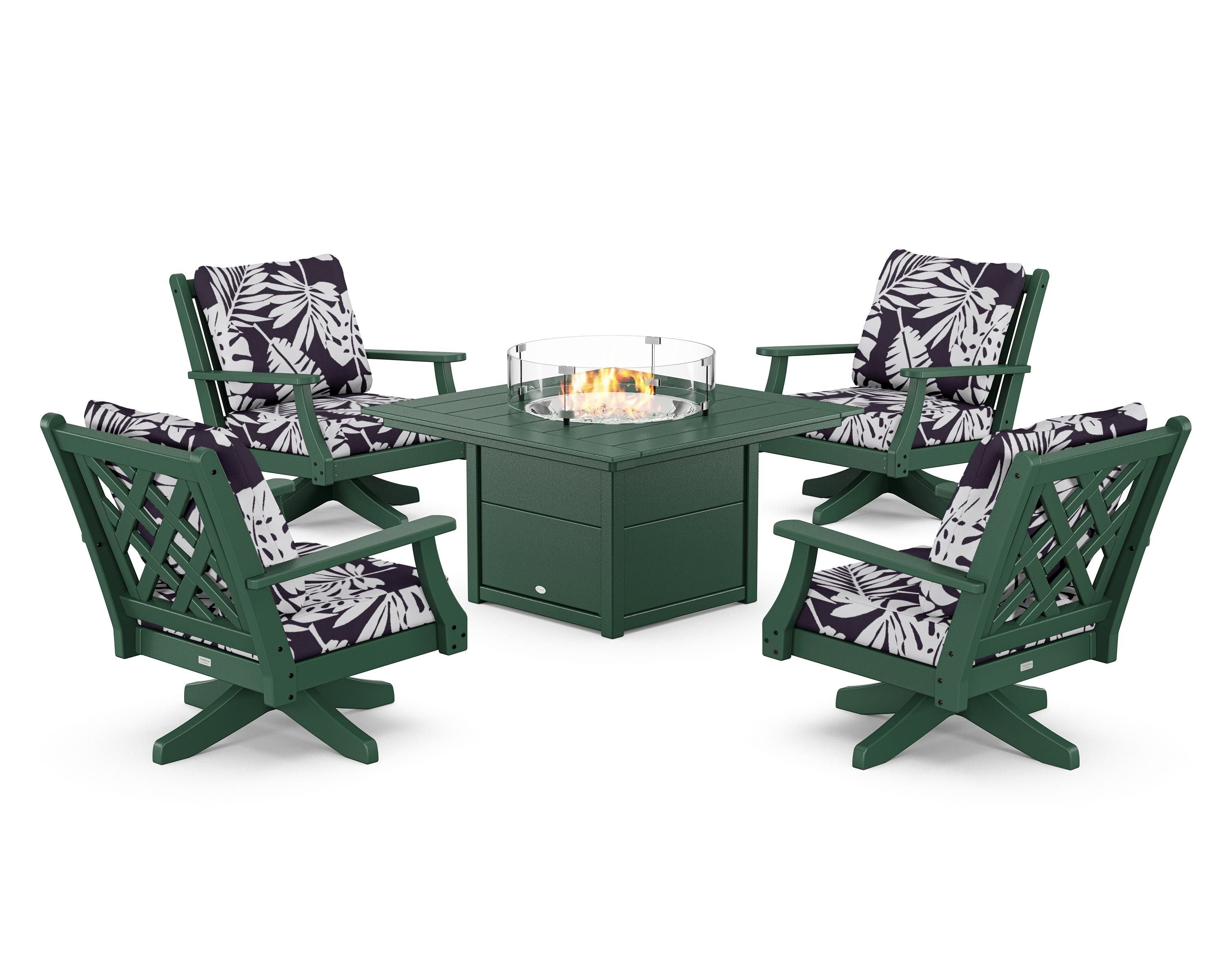 Country Living Wovendale 5-Piece Deep Seating Swivel Conversation Set with Fire Pit Table in Green / Leaf Navy