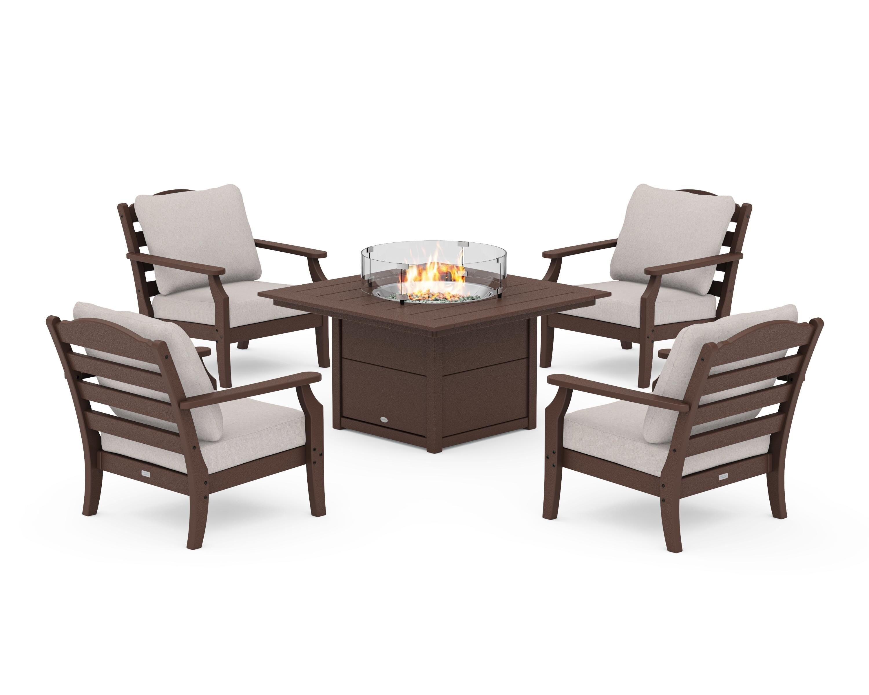 Draper James™ by POLYWOOD® Savannah 5-Piece Deep Seating Set with Fire Pit Table in Mahogany / Dune Burlap