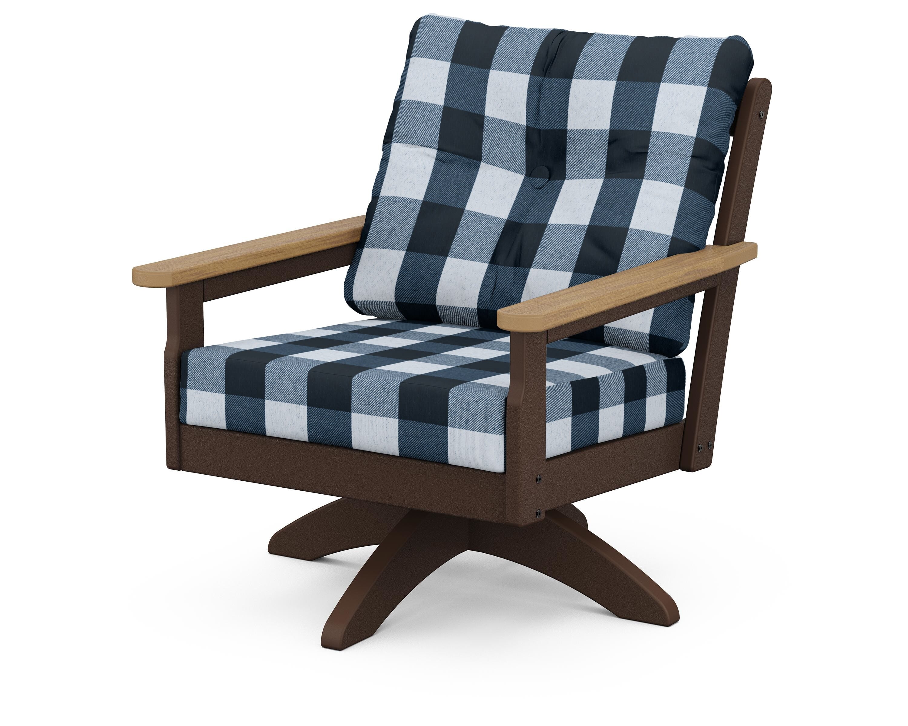 POLYWOOD® Vineyard Deep Seating Swivel Chair in Mahogany / Natural / Buffalo Plaid Marine Indigo
