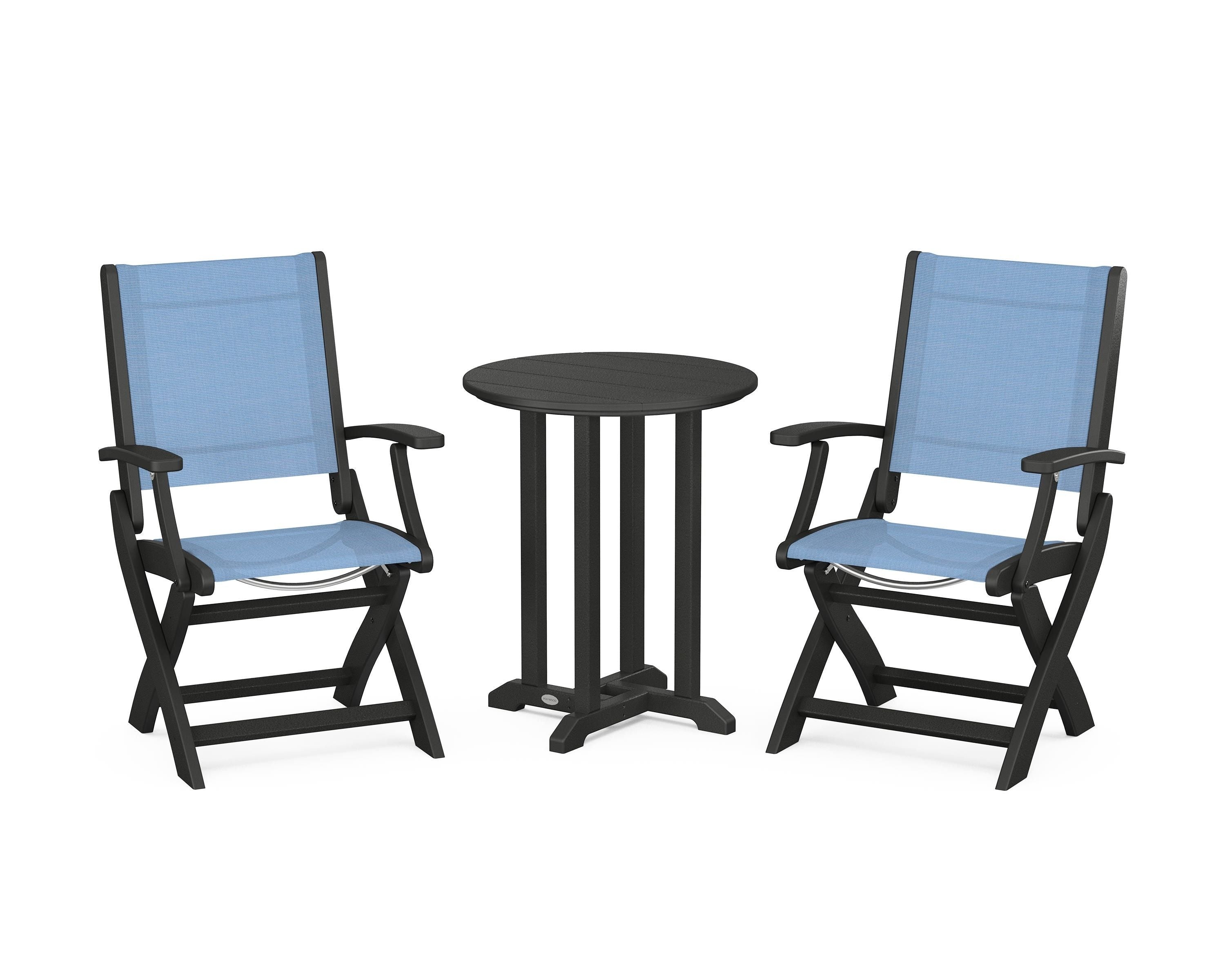 POLYWOOD® Coastal Folding 3-Piece Round Bistro Dining Set in Black / Poolside Sling