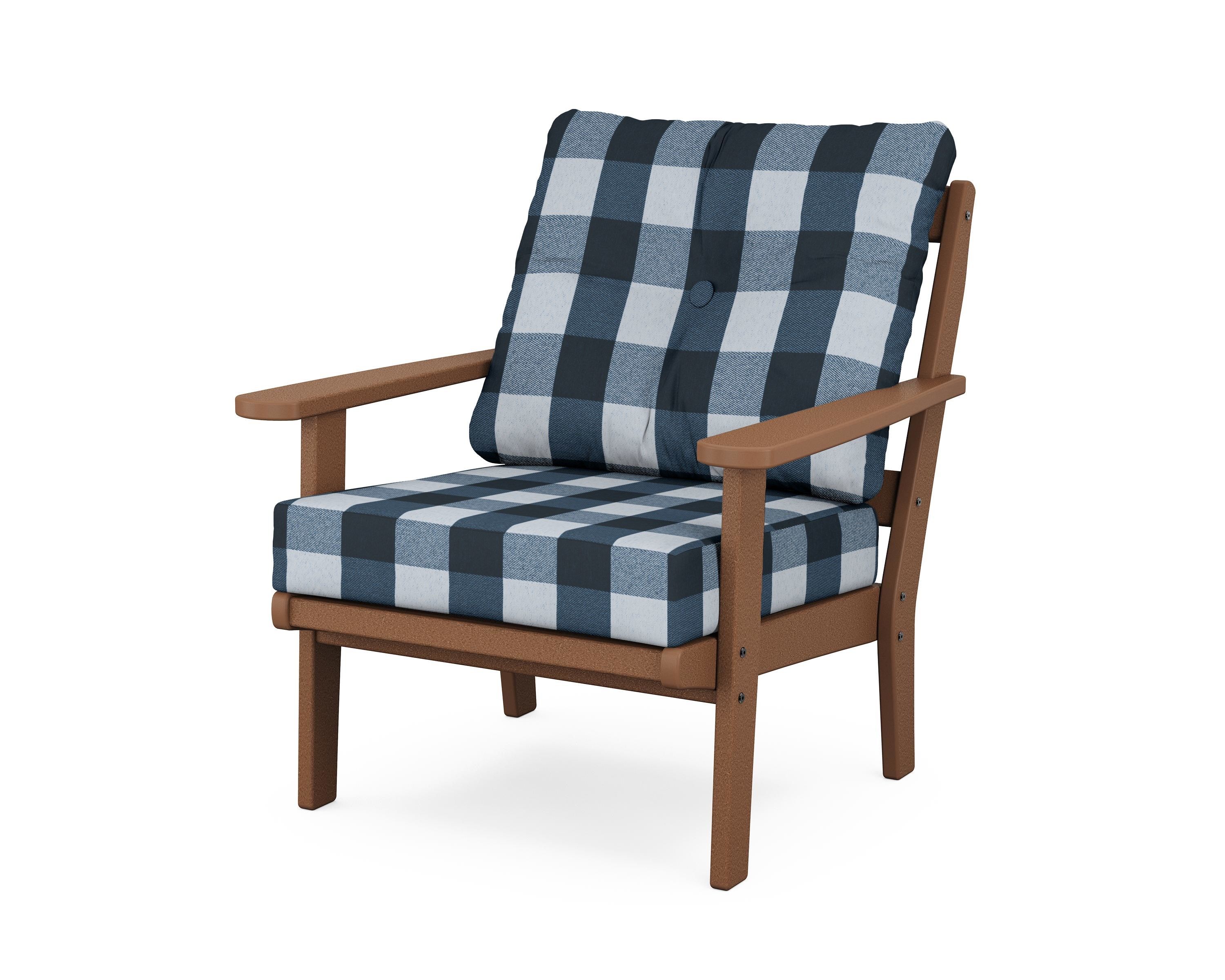 POLYWOOD® Mission Deep Seating Chair in Teak / Buffalo Plaid Marine Indigo