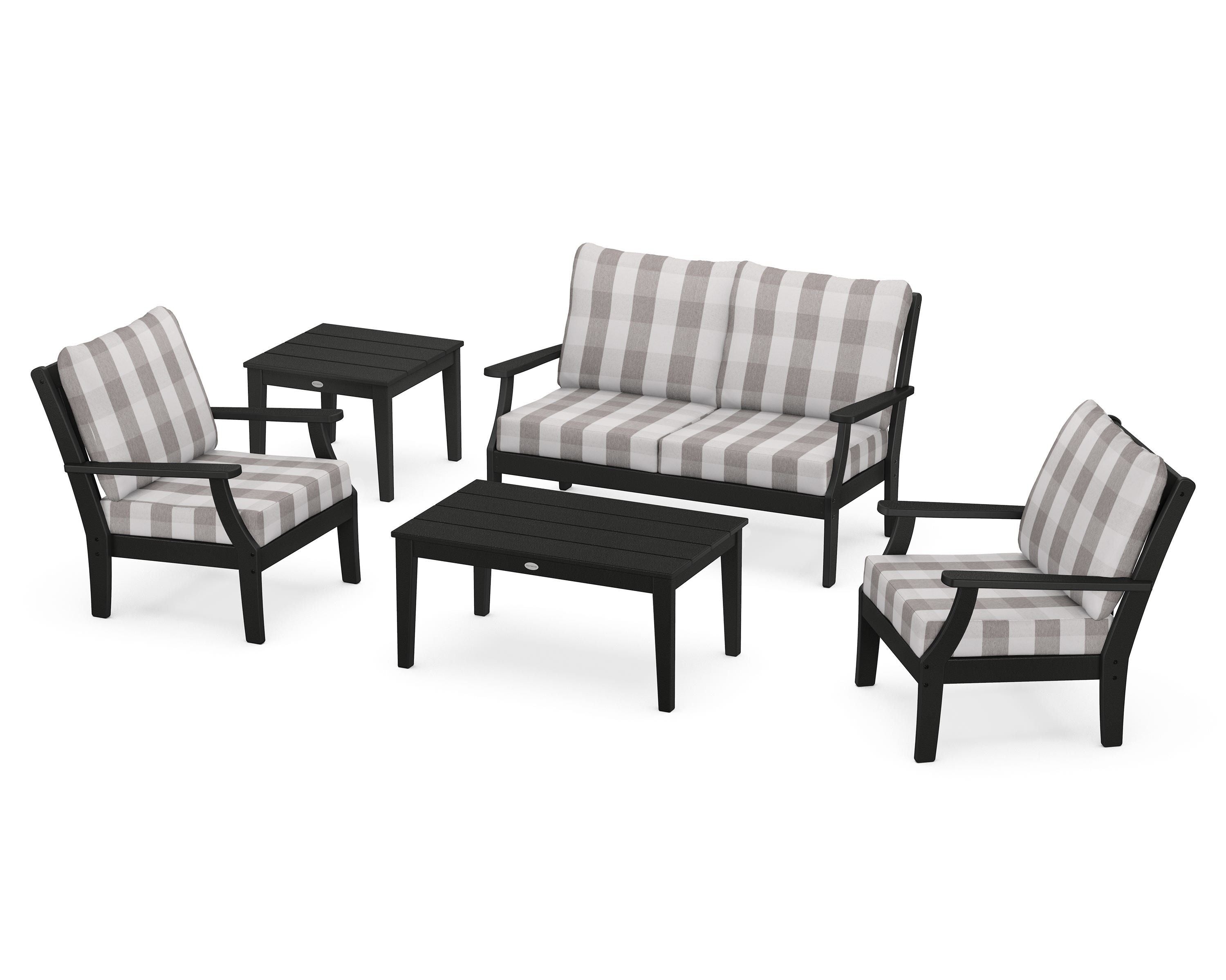 POLYWOOD® Braxton 5-Piece Deep Seating Set in Black / Buffalo Plaid Grey Mist