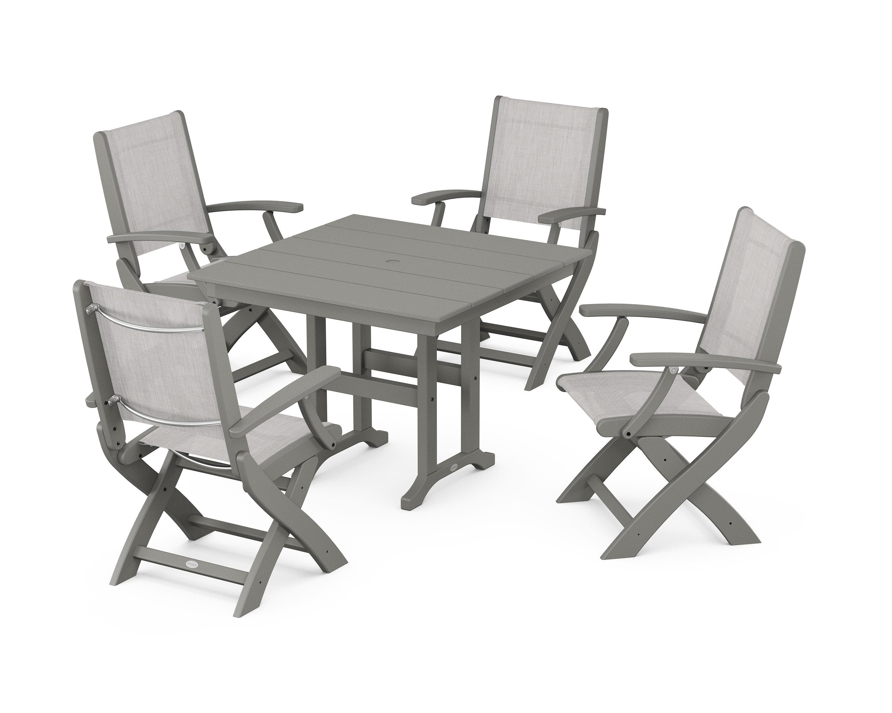 POLYWOOD® Coastal Folding Chair 5-Piece Farmhouse Dining Set in Slate Grey / Parchment Sling