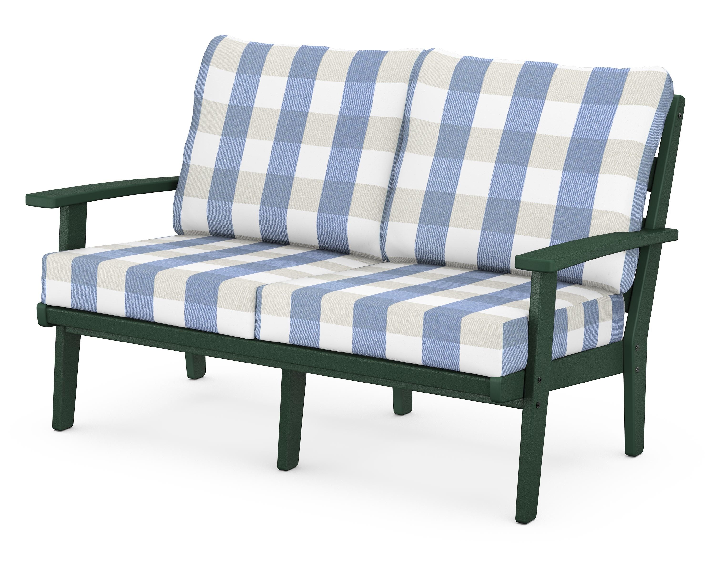 POLYWOOD® Grant Park Deep Seating Loveseat in Green / Buffalo Plaid Sky Blue