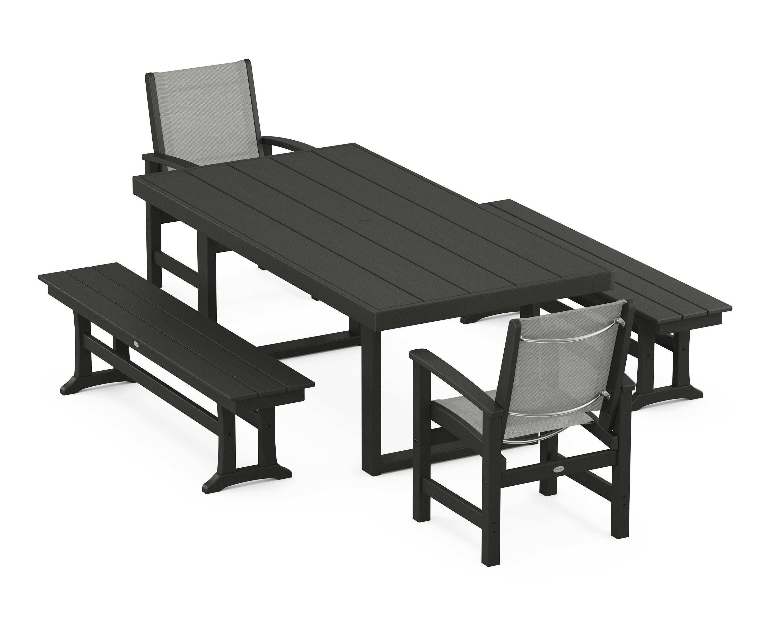 POLYWOOD® Coastal 5-Piece Dining Set with Trestle Legs in Black / Metallic Sling