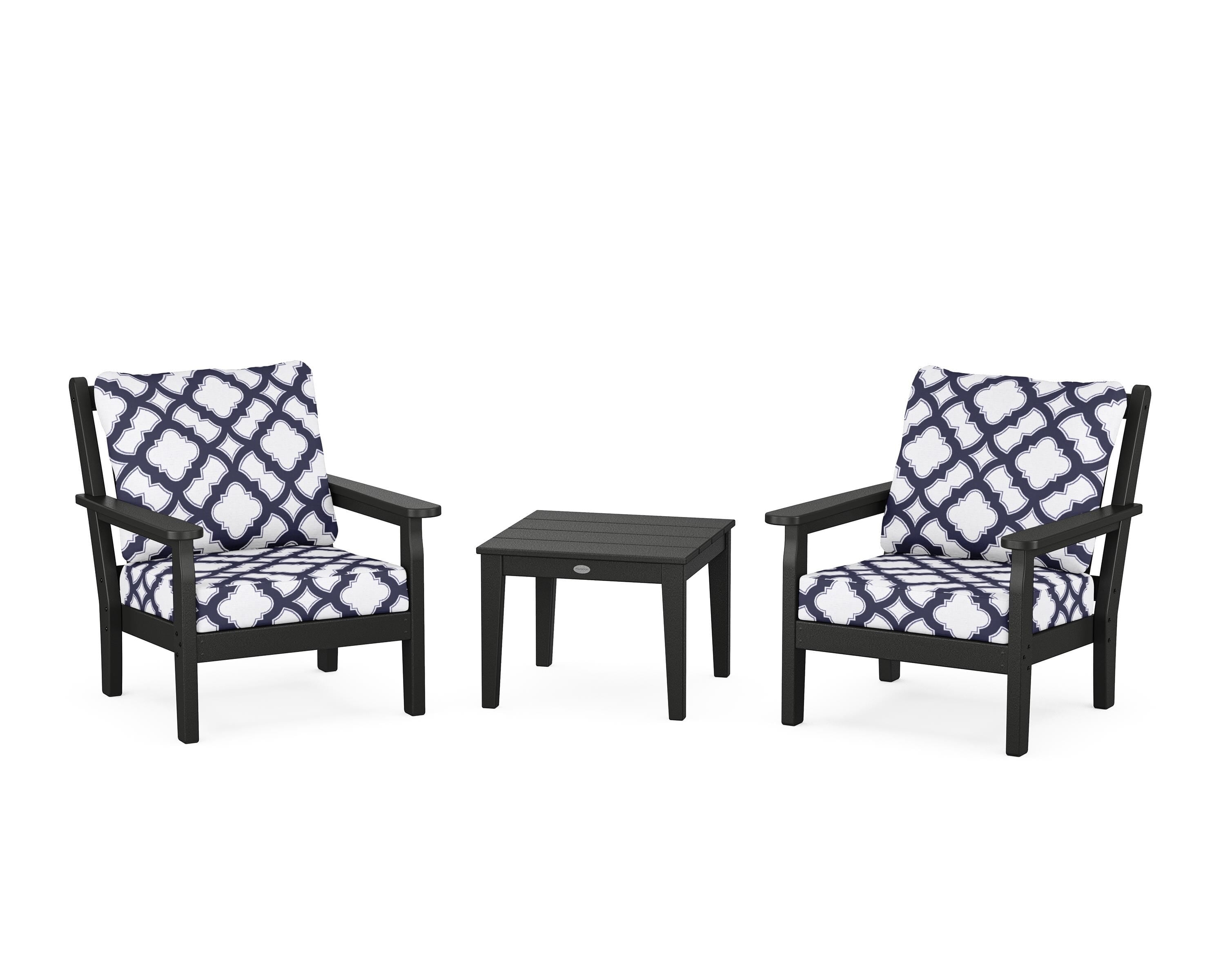 POLYWOOD® Chippendale 3-Piece Deep Seating Set in Black / Trellis Navy