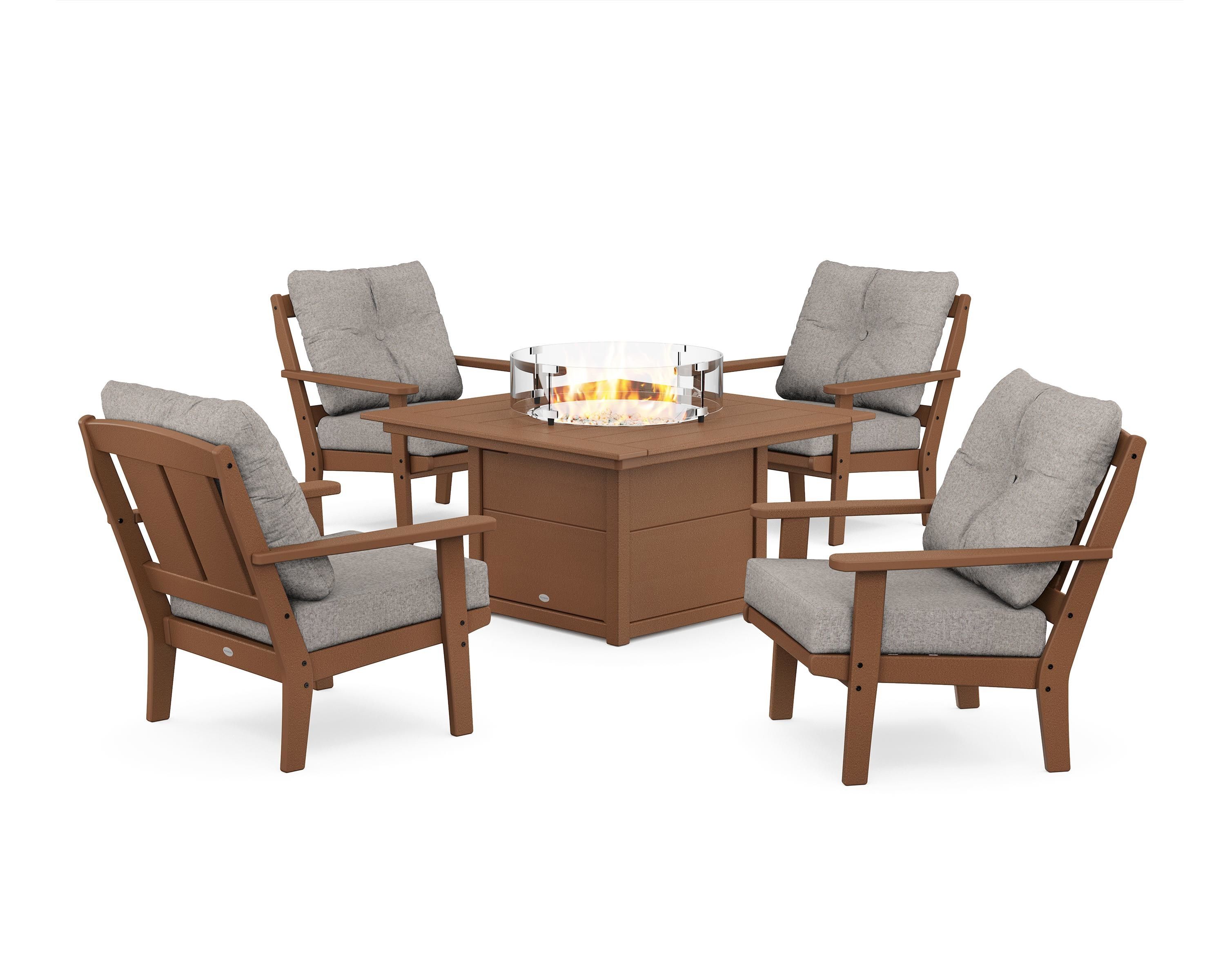 POLYWOOD® Mission 5-Piece Deep Seating Set with Fire Pit Table in Teak / Weathered Tweed