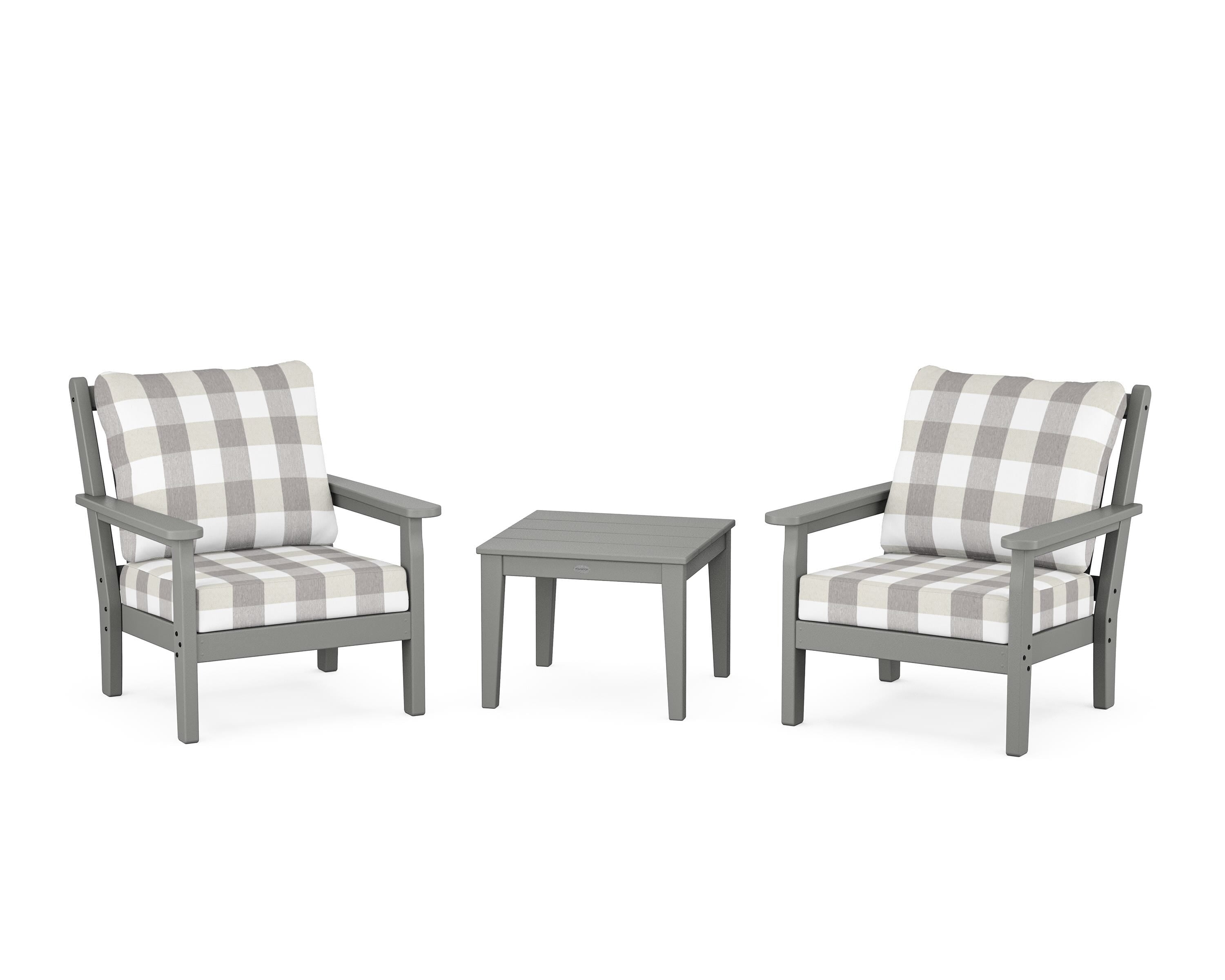POLYWOOD® Chippendale 3-Piece Deep Seating Set in Slate Grey / Buffalo Plaid Grey Mist