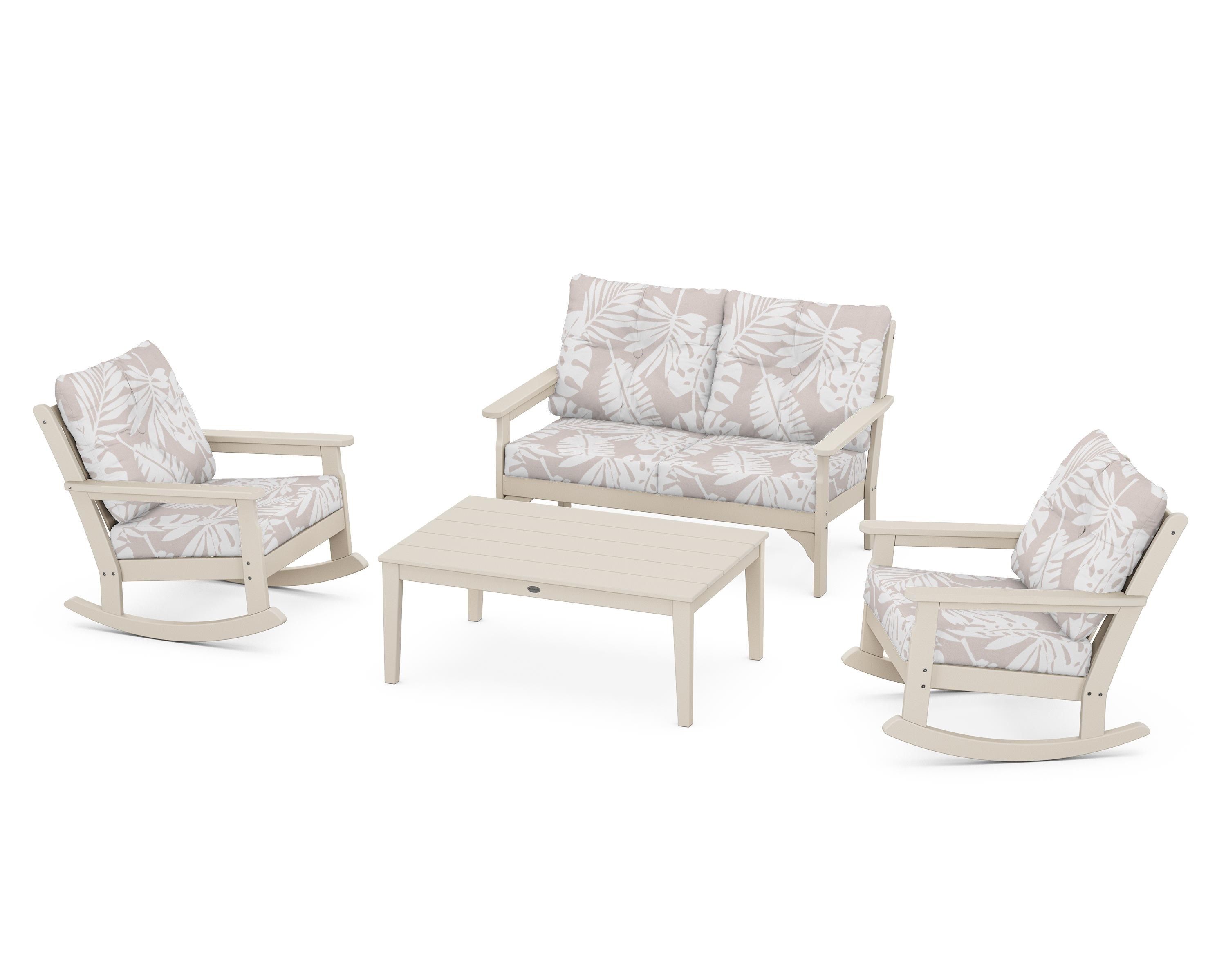 POLYWOOD® Vineyard 4-Piece Deep Seating Rocking Chair Set in Sand / Leaf Dune Burlap
