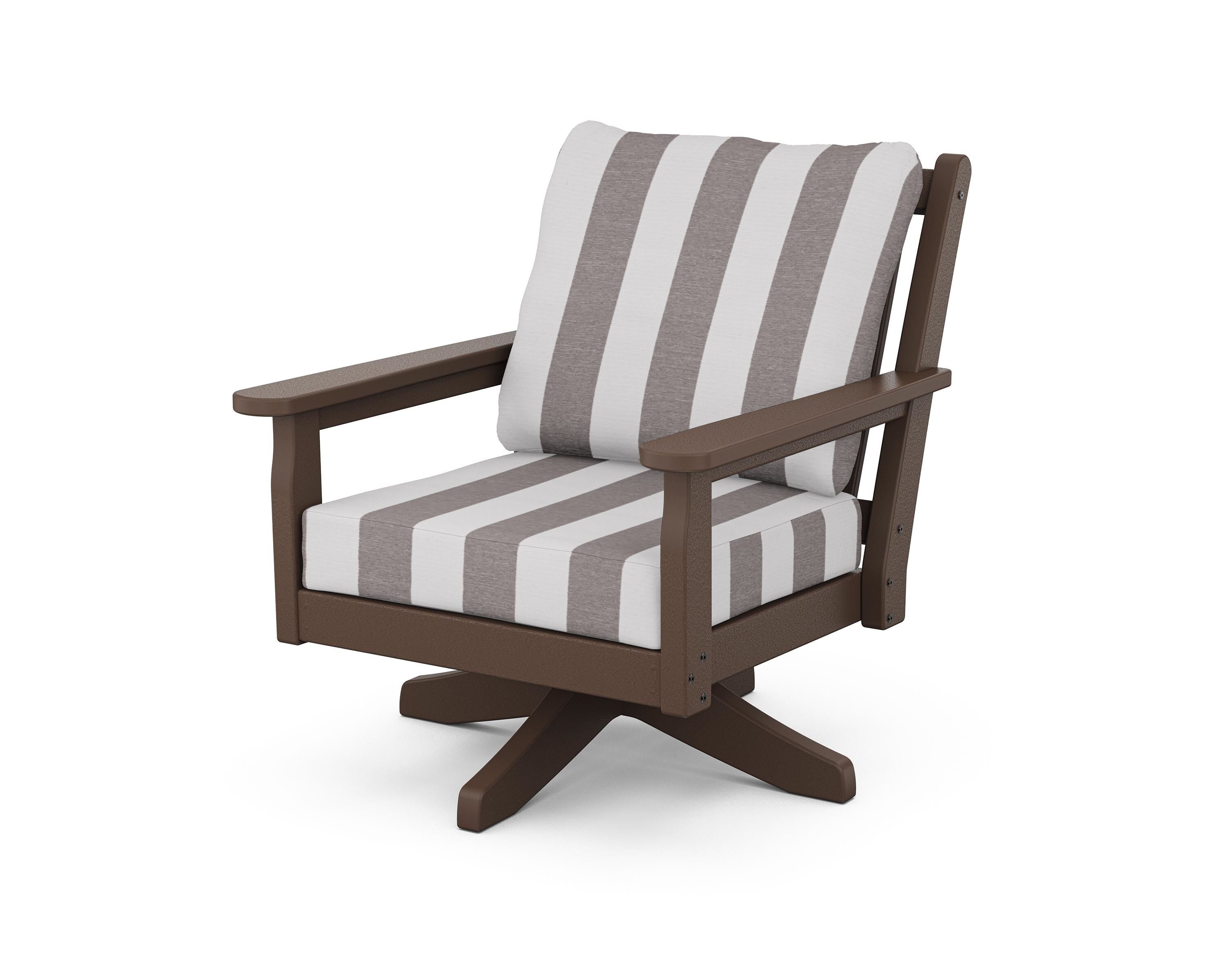 POLYWOOD® Chippendale Deep Seating Swivel Chair in Mahogany / Cabana Stripe Grey Mist
