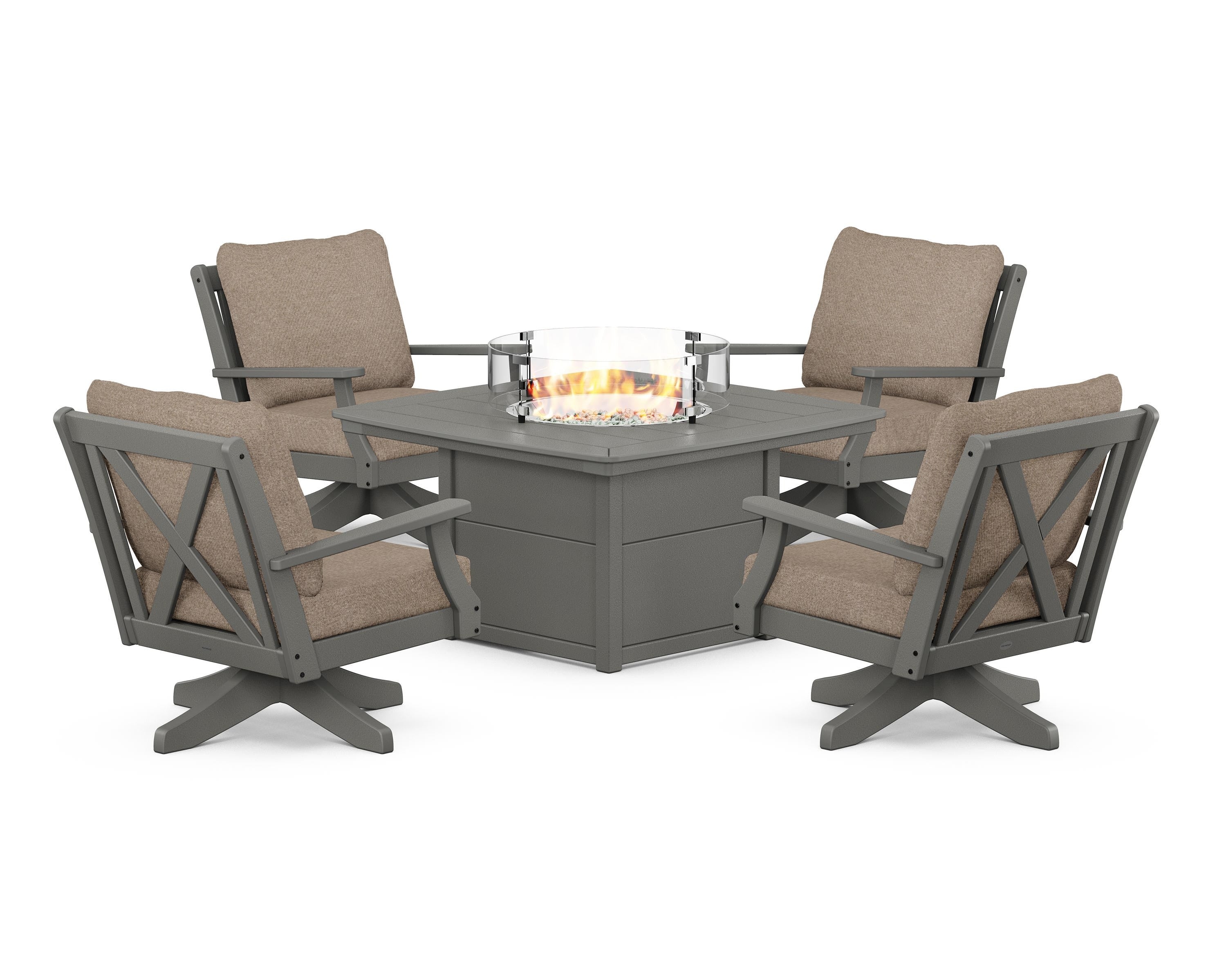 POLYWOOD® Braxton 5-Piece Deep Seating Swivel Conversation Set with Fire Pit Table in Slate Grey / Spiced Burlap