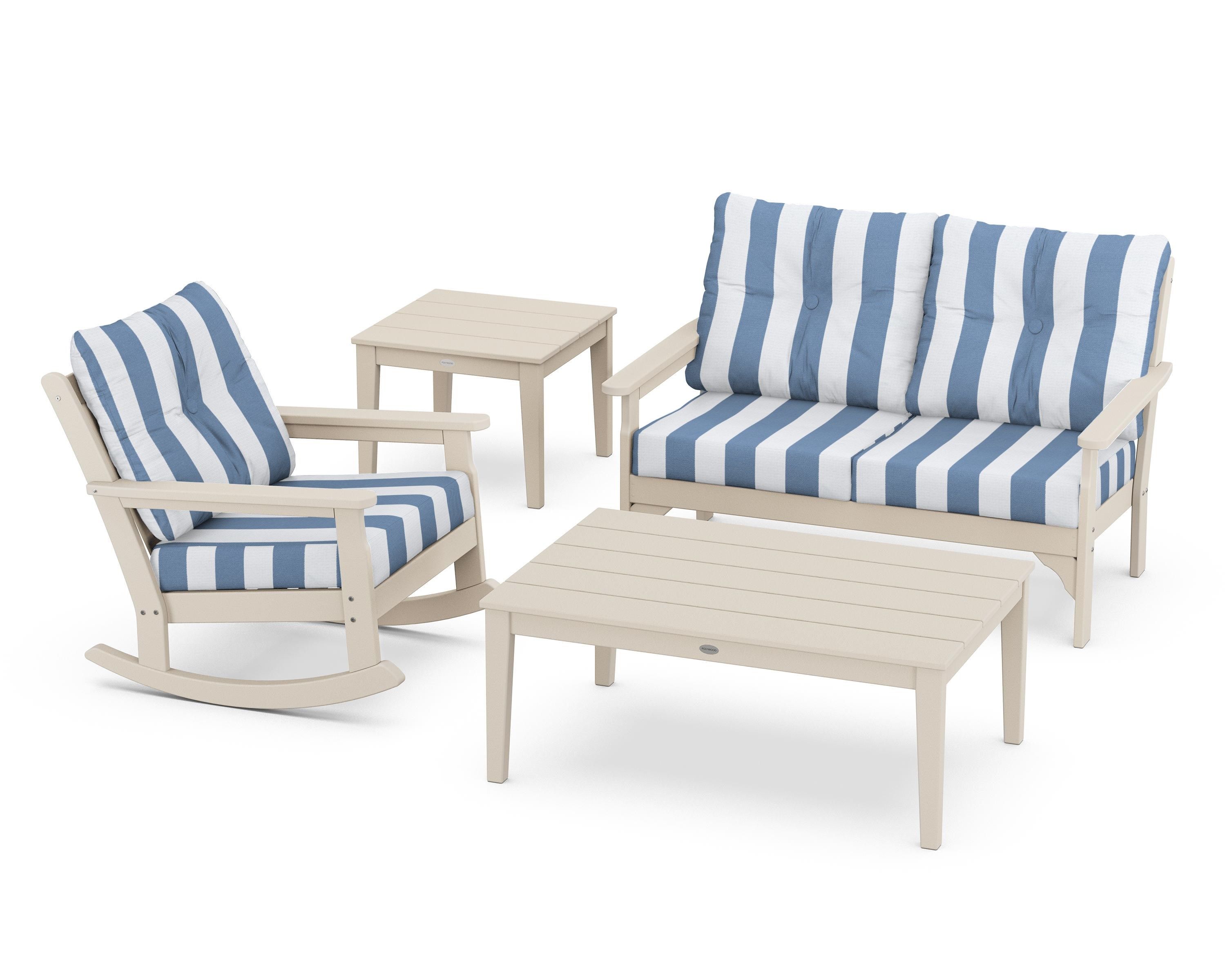 POLYWOOD® Vineyard 4-Piece Deep Seating Rocker Set in Sand / Cabana Stripe Sky Blue