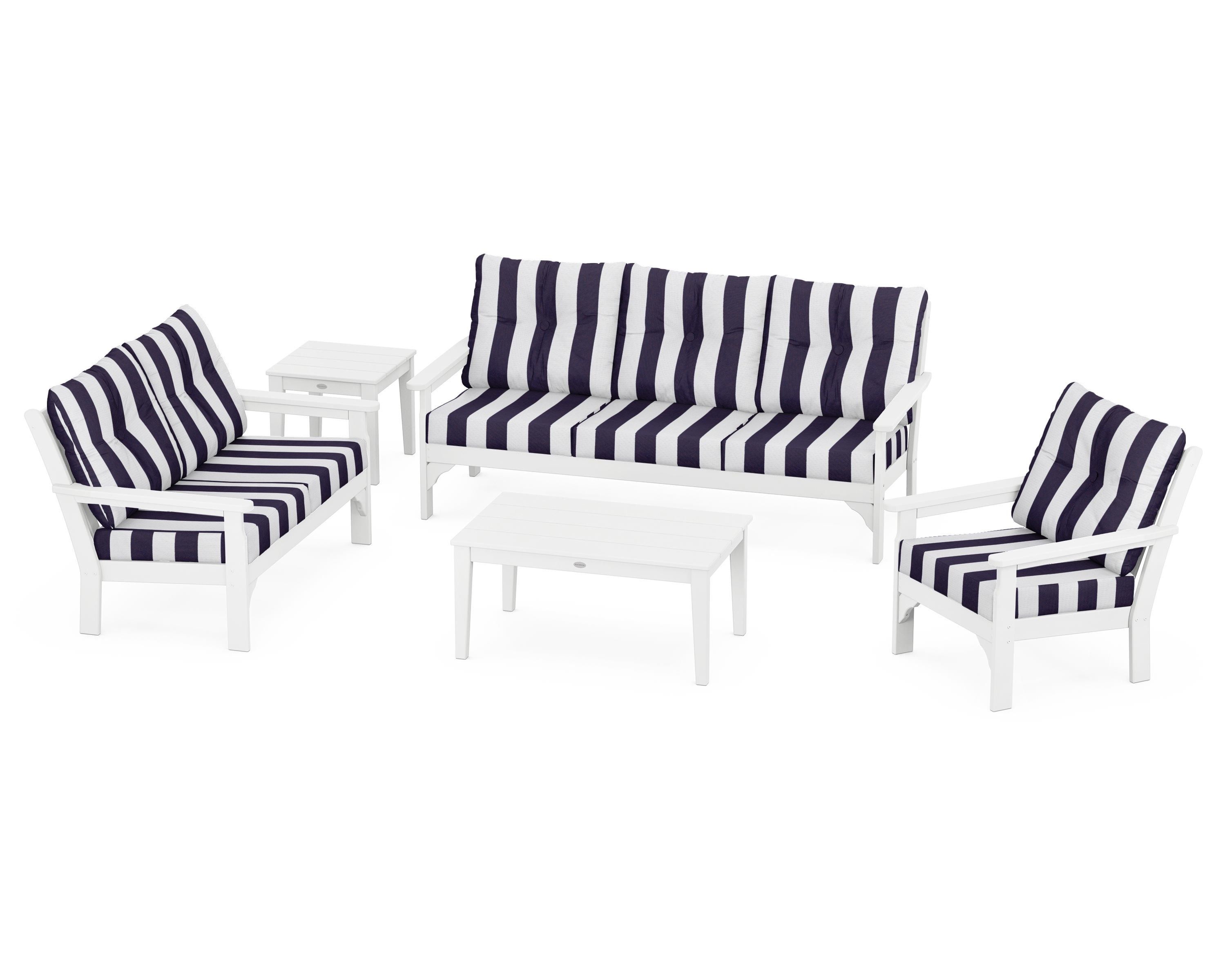 POLYWOOD® Vineyard 5 Piece Deep Seating Set in White / Cabana Stripe Navy