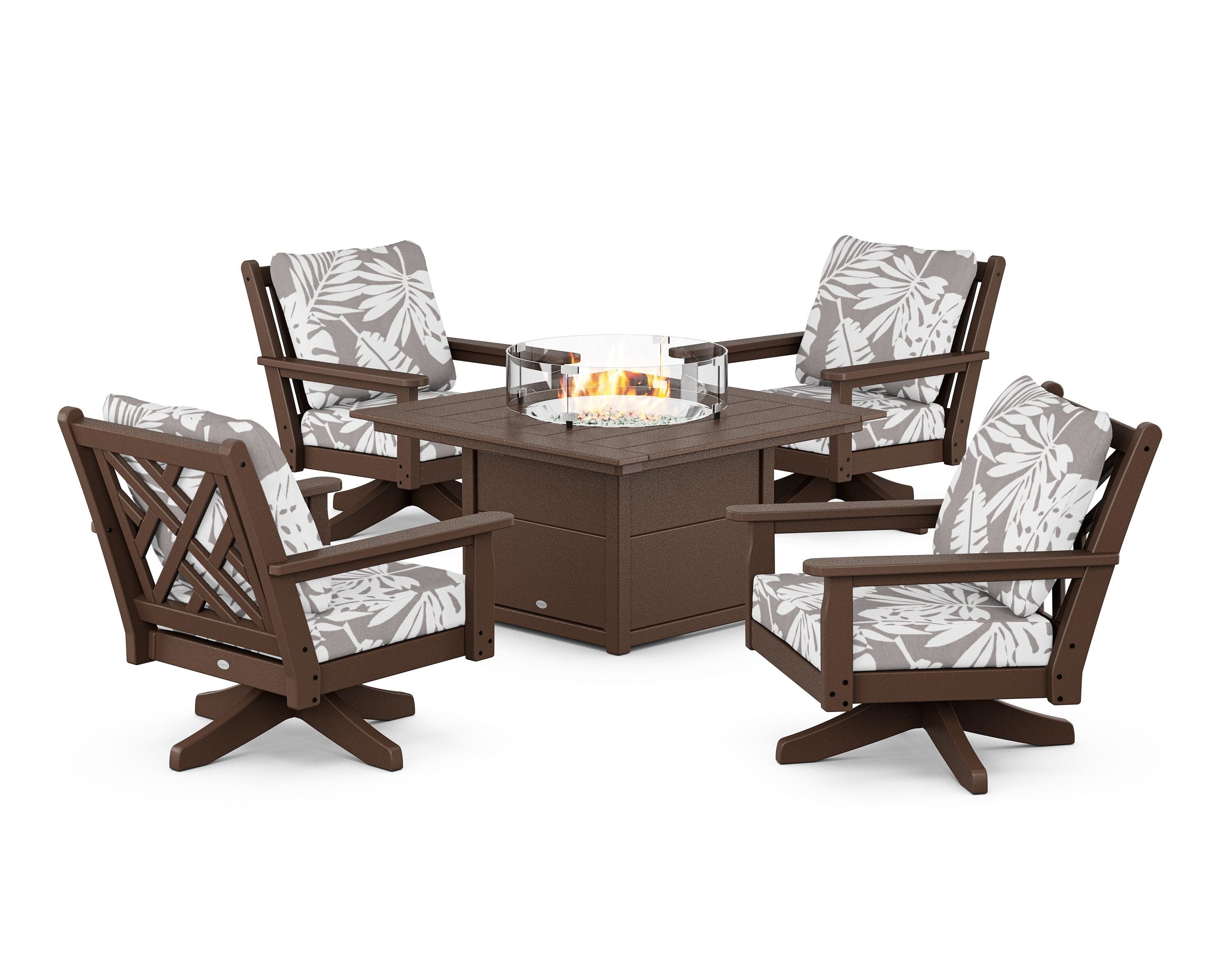 POLYWOOD® Chippendale 5-Piece Deep Seating Swivel Conversation Set with Fire Pit Table in Mahogany / Leaf Grey Mist