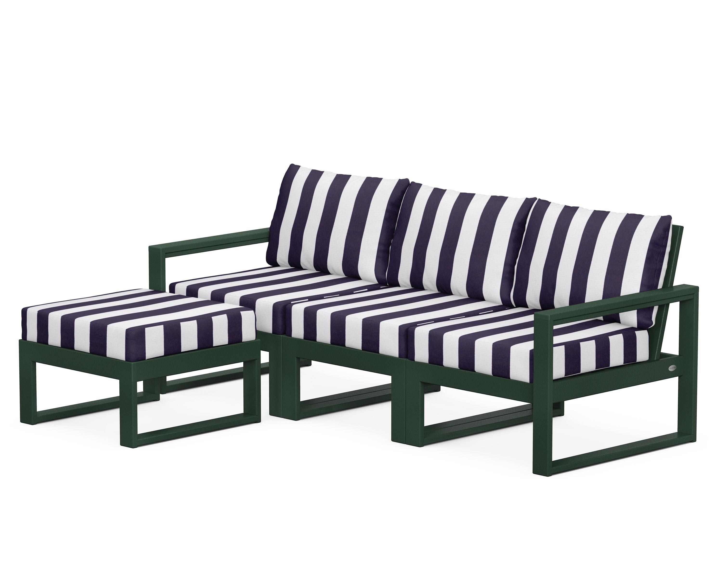 POLYWOOD® EDGE 4-Piece Modular Deep Seating Set with Ottoman in Green / Cabana Stripe Navy