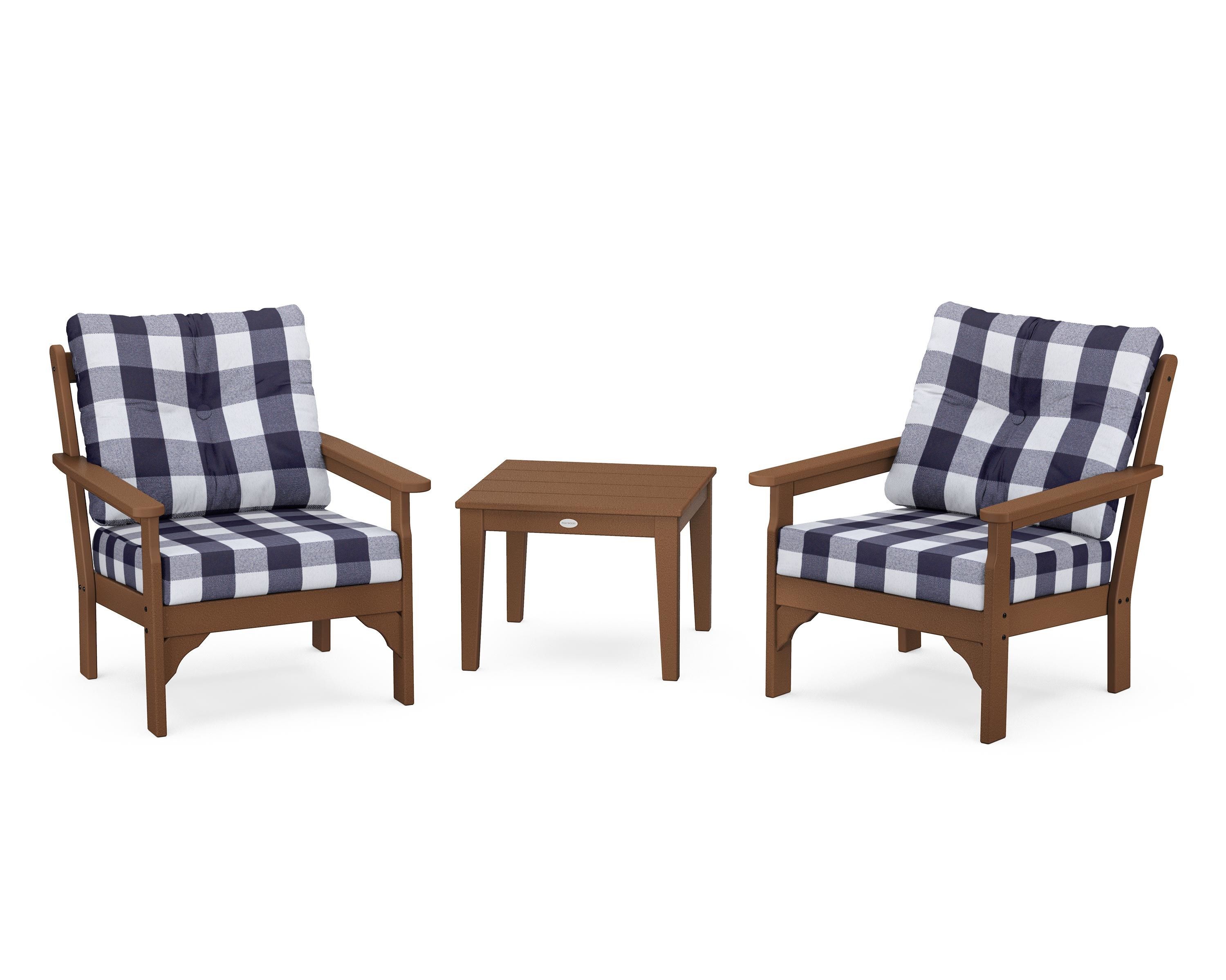 POLYWOOD® Vineyard 3-Piece Deep Seating Set in Teak / Buffalo Plaid Navy