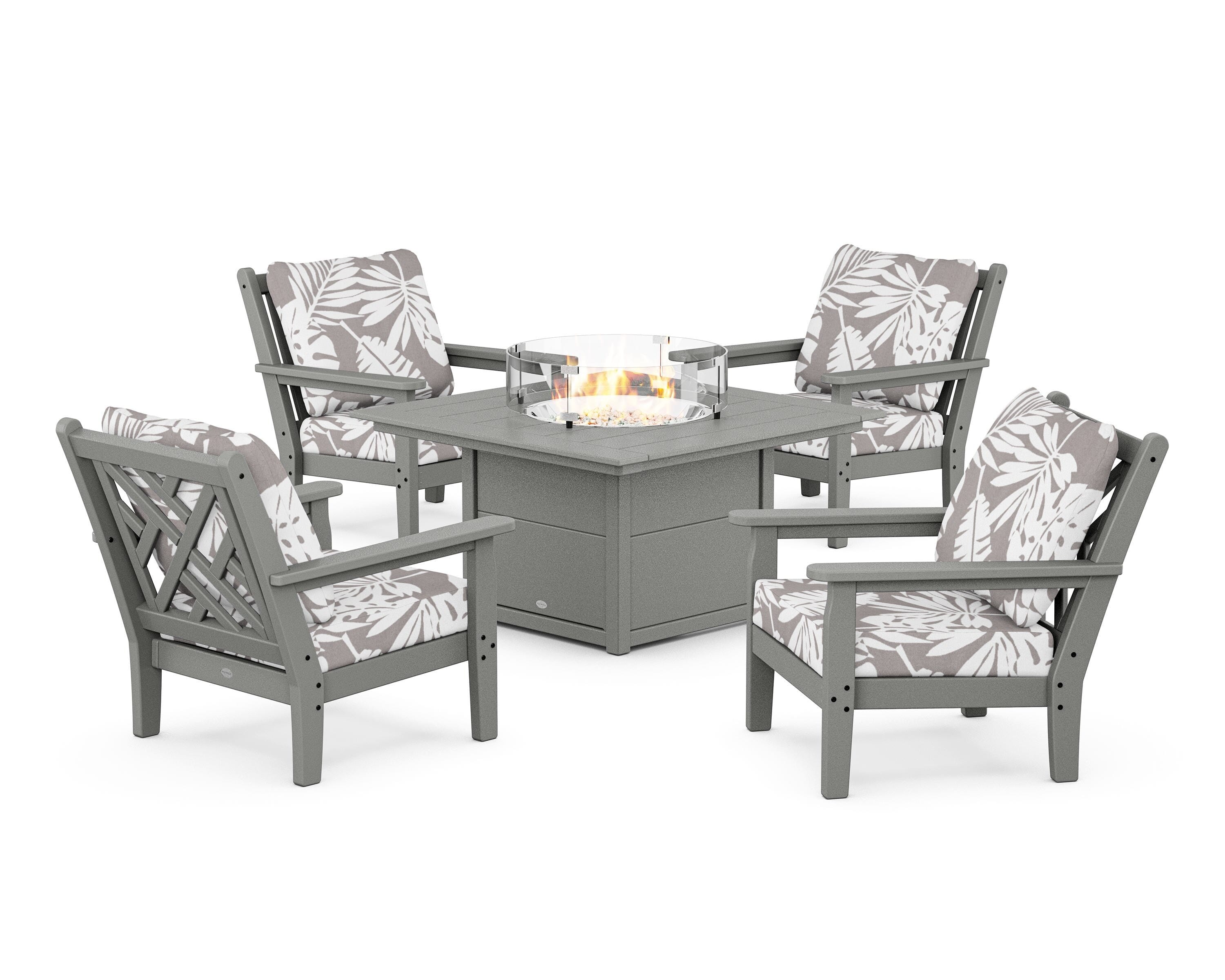 POLYWOOD® Chippendale 5-Piece Deep Seating Set with Fire Pit Table in Slate Grey / Leaf Grey Mist