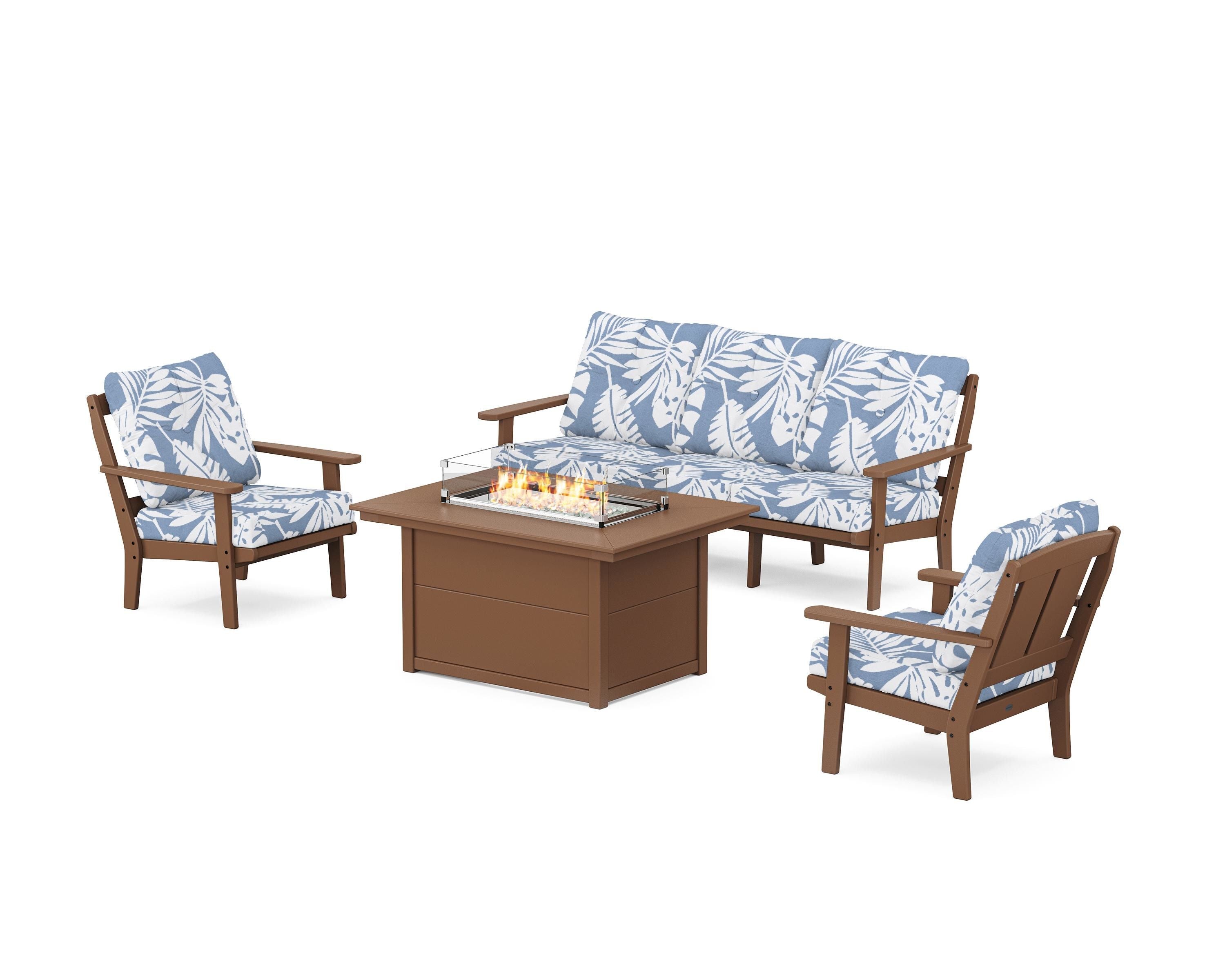 POLYWOOD® Mission Deep Seating Fire Pit Table Set in Teak / Leaf Sky Blue