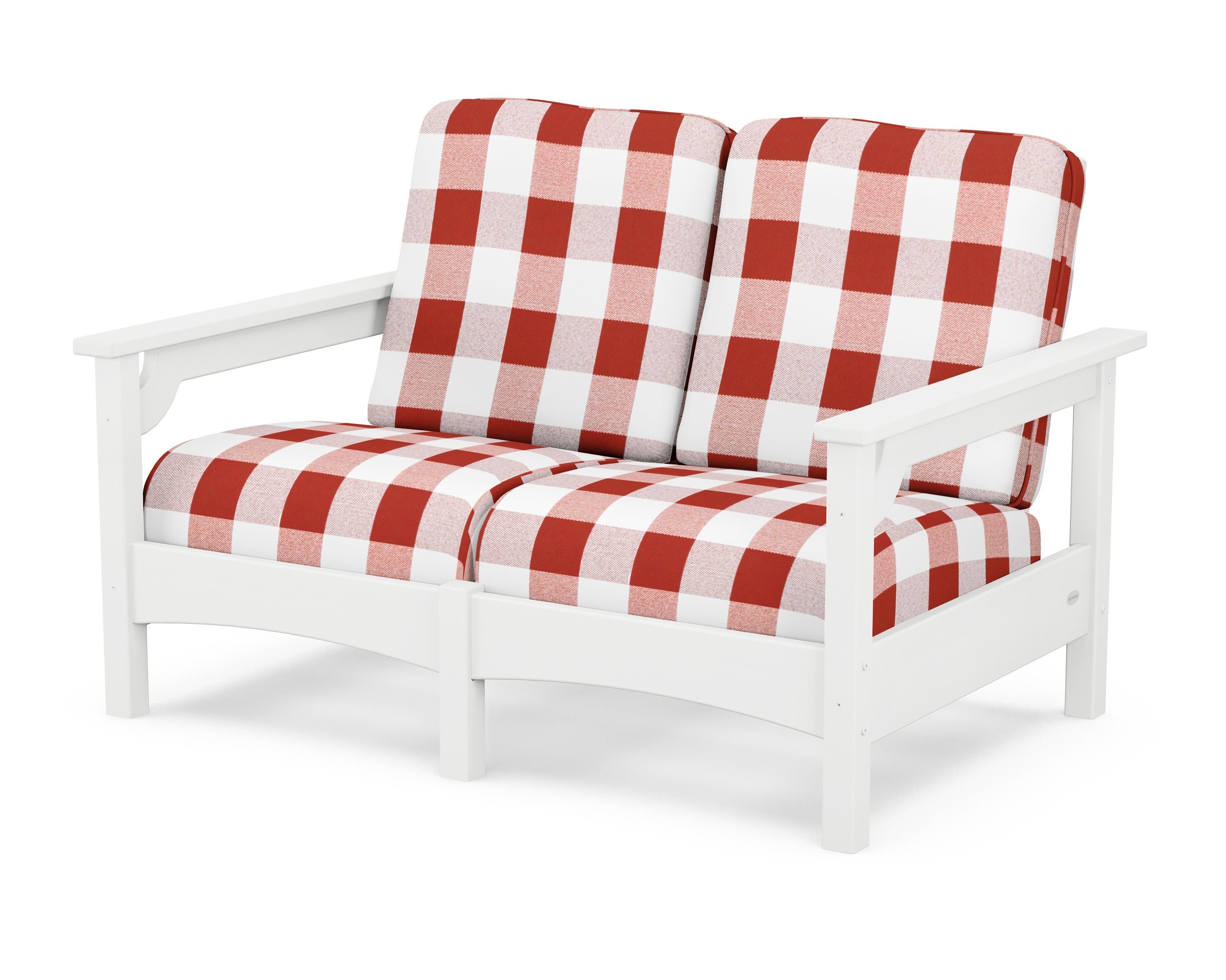 POLYWOOD® Club Loveseat in White / Buffalo Plaid Crimson