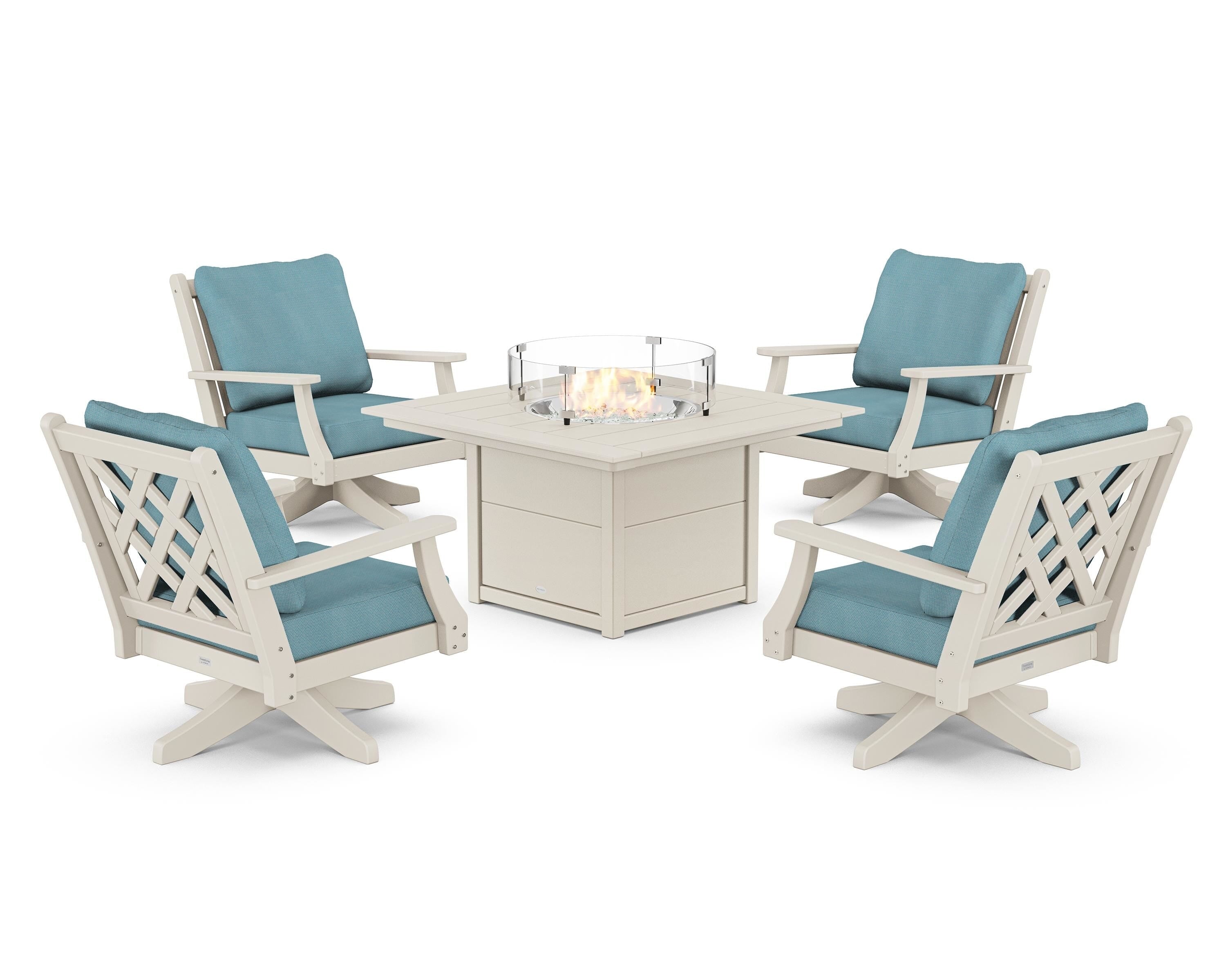 Country Living Wovendale 5-Piece Deep Seating Swivel Conversation Set with Fire Pit Table in Sand / Lattice Sky Blue