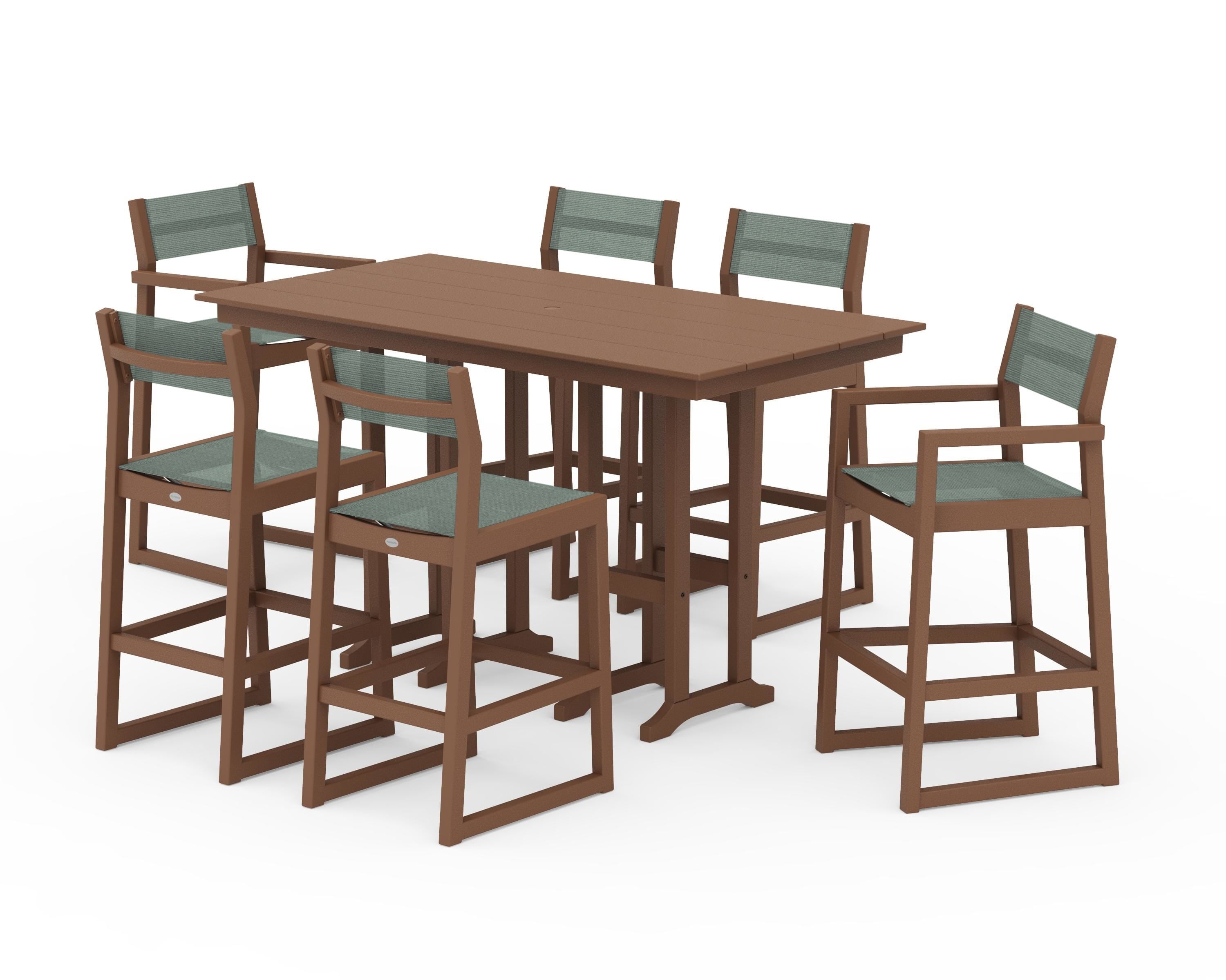 POLYWOOD® EDGE Sling 7-Piece Farmhouse Bar Set in Teak / Dupioni Sea Mist Sling
