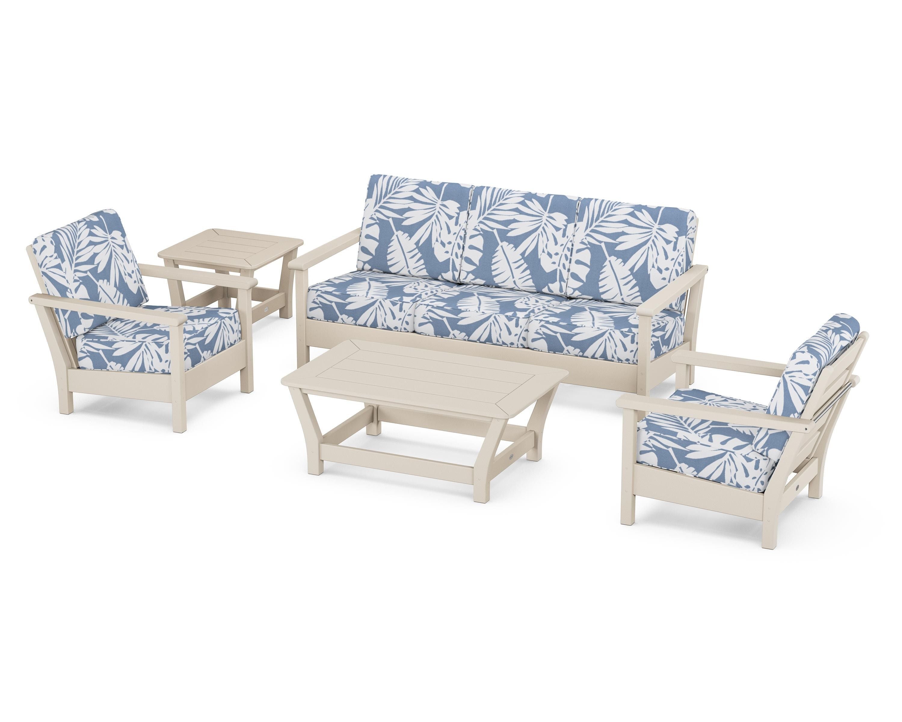 POLYWOOD® Harbour 5-Piece Deep Seating Set in Sand / Leaf Sky Blue