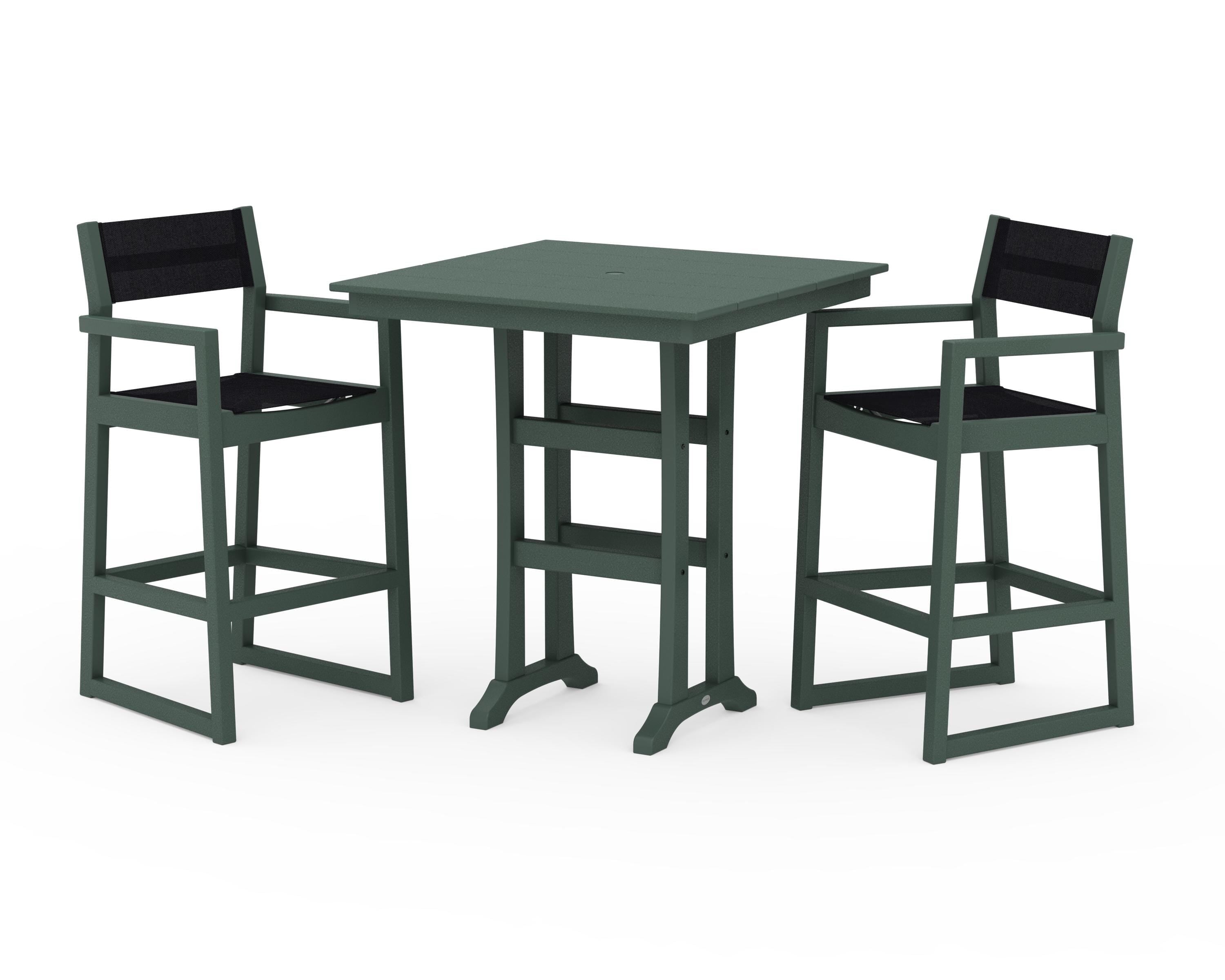 POLYWOOD® EDGE Sling Arm Chair 3-Piece Farmhouse Bar Set with Trestle Legs in Green / Black Sling