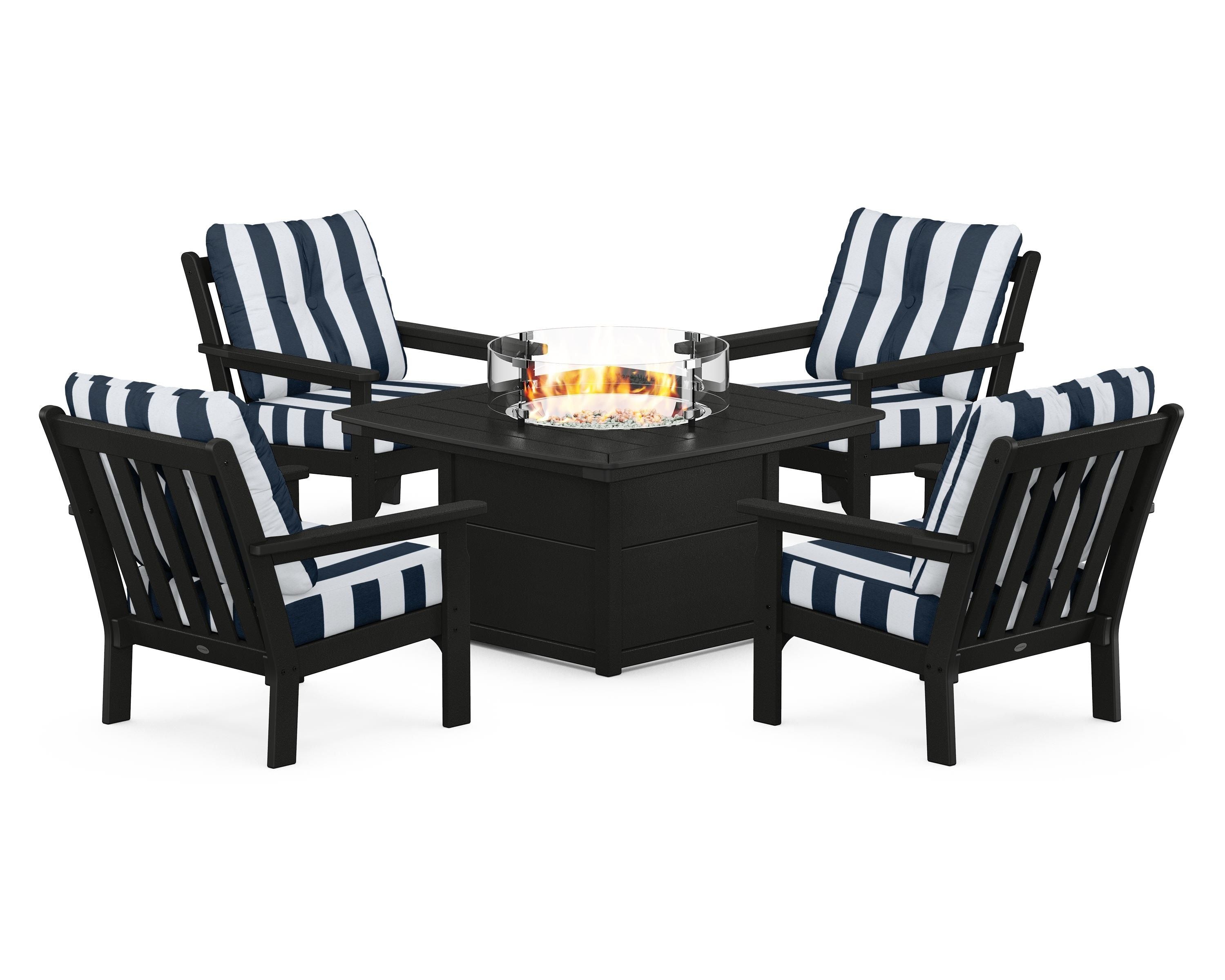 POLYWOOD® Vineyard 5-Piece Conversation Set with Fire Pit Table in Black / Cabana Stripe Marine Indigo