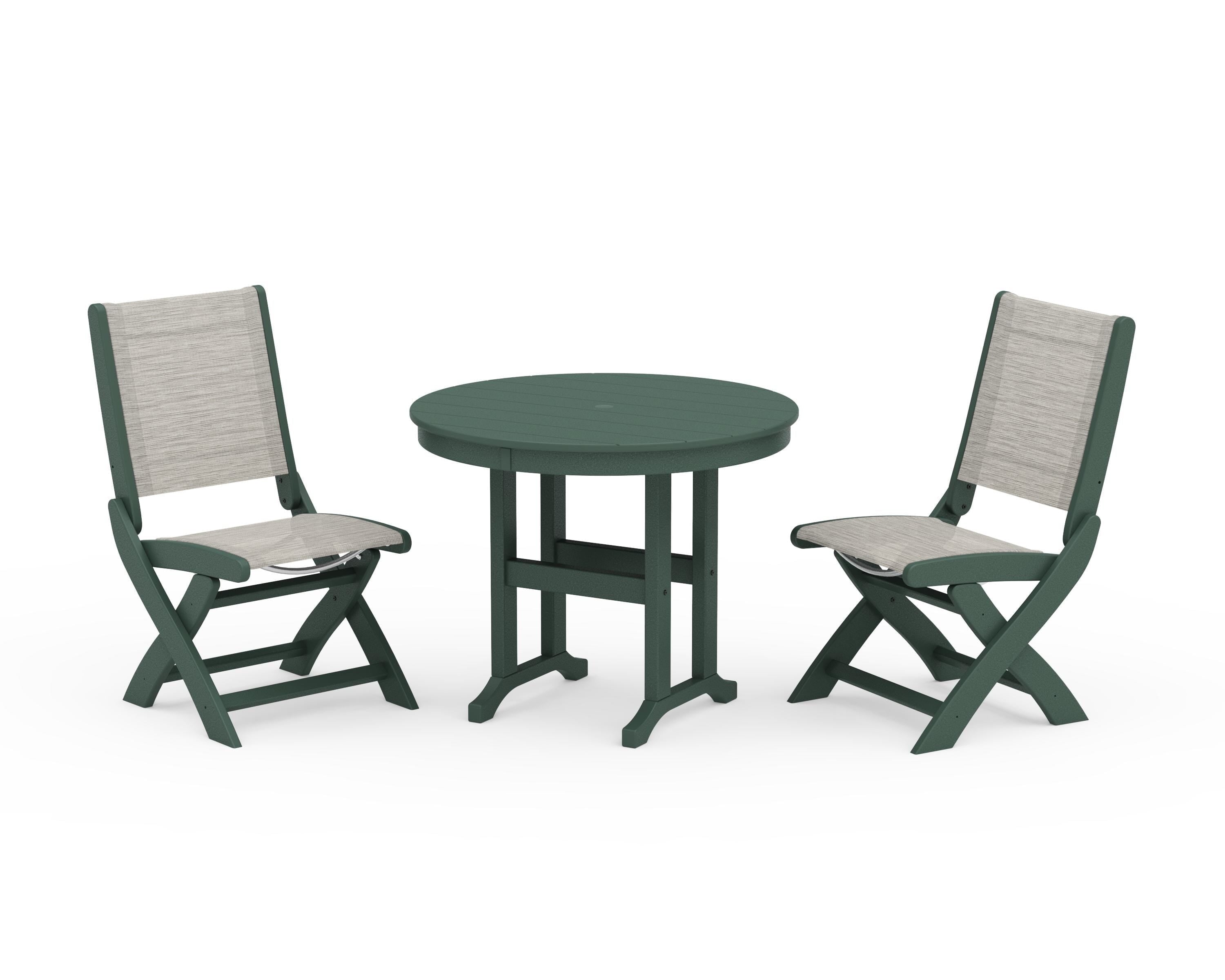 POLYWOOD® Coastal Folding Side Chair 3-Piece Round Dining Set in Green / Birch Sling