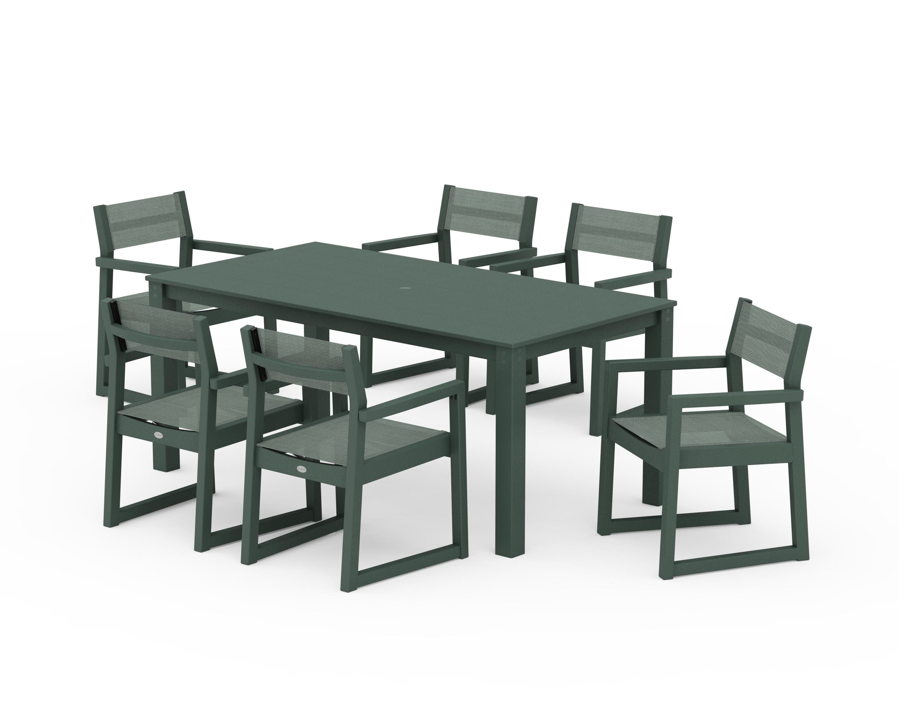 POLYWOOD® EDGE Sling Arm Chair 7-Piece Parsons Dining Set in Green / Dupioni Sea Mist Sling