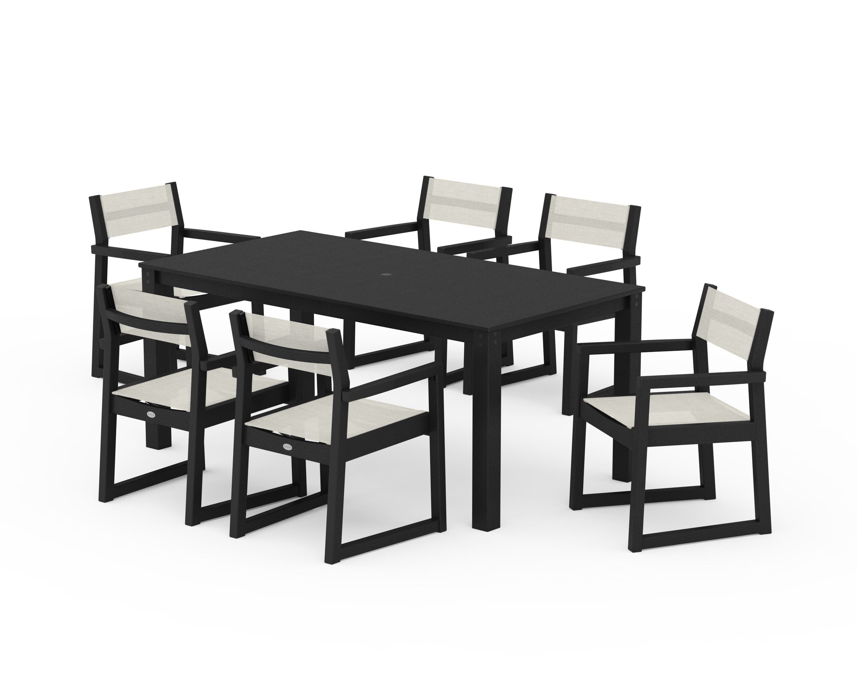 POLYWOOD® EDGE Sling Arm Chair 7-Piece Parsons Dining Set in Black / Parchment Sling