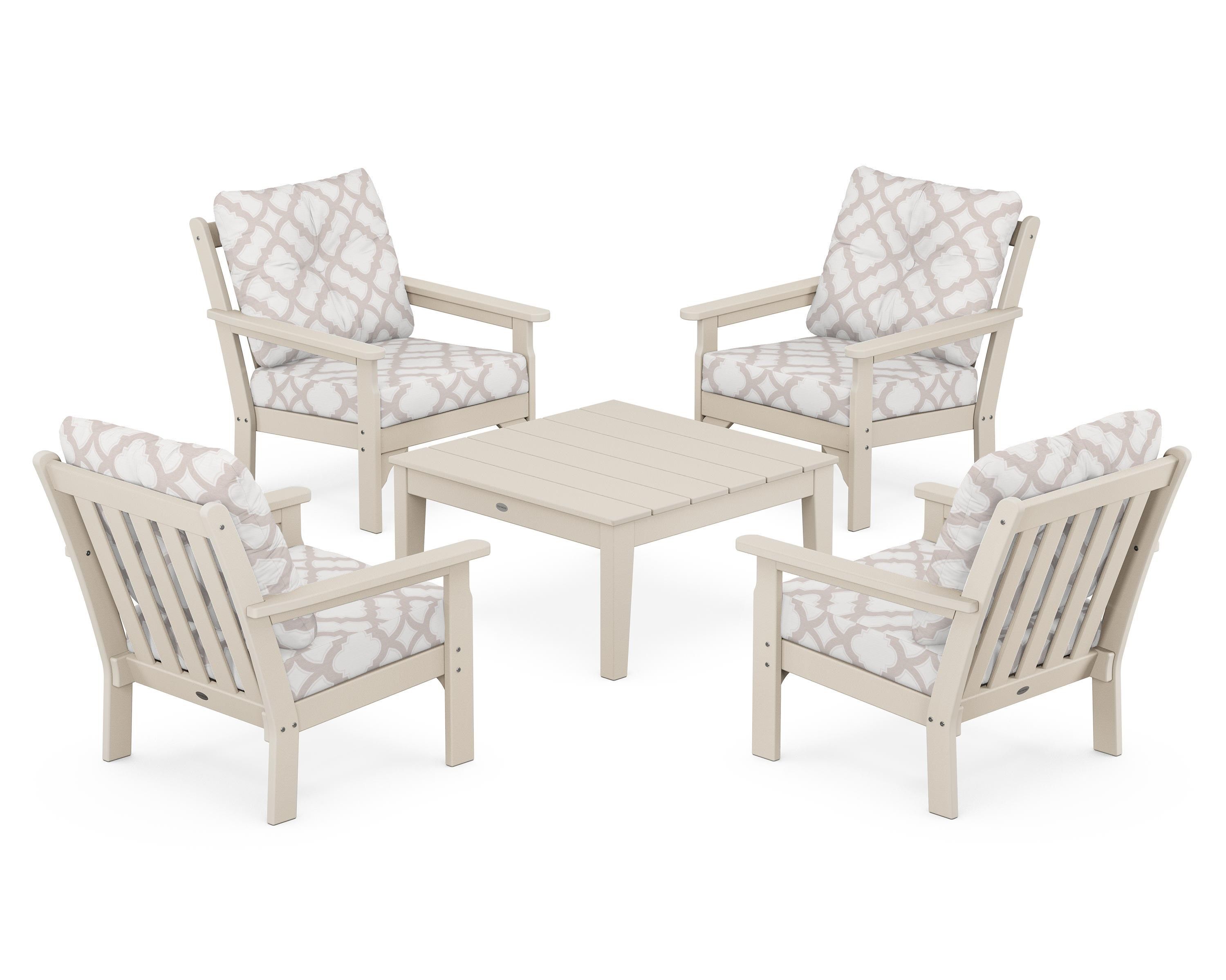 POLYWOOD® Vineyard 5-Piece Deep Seating Conversation Set in Sand / Trellis Dune Burlap