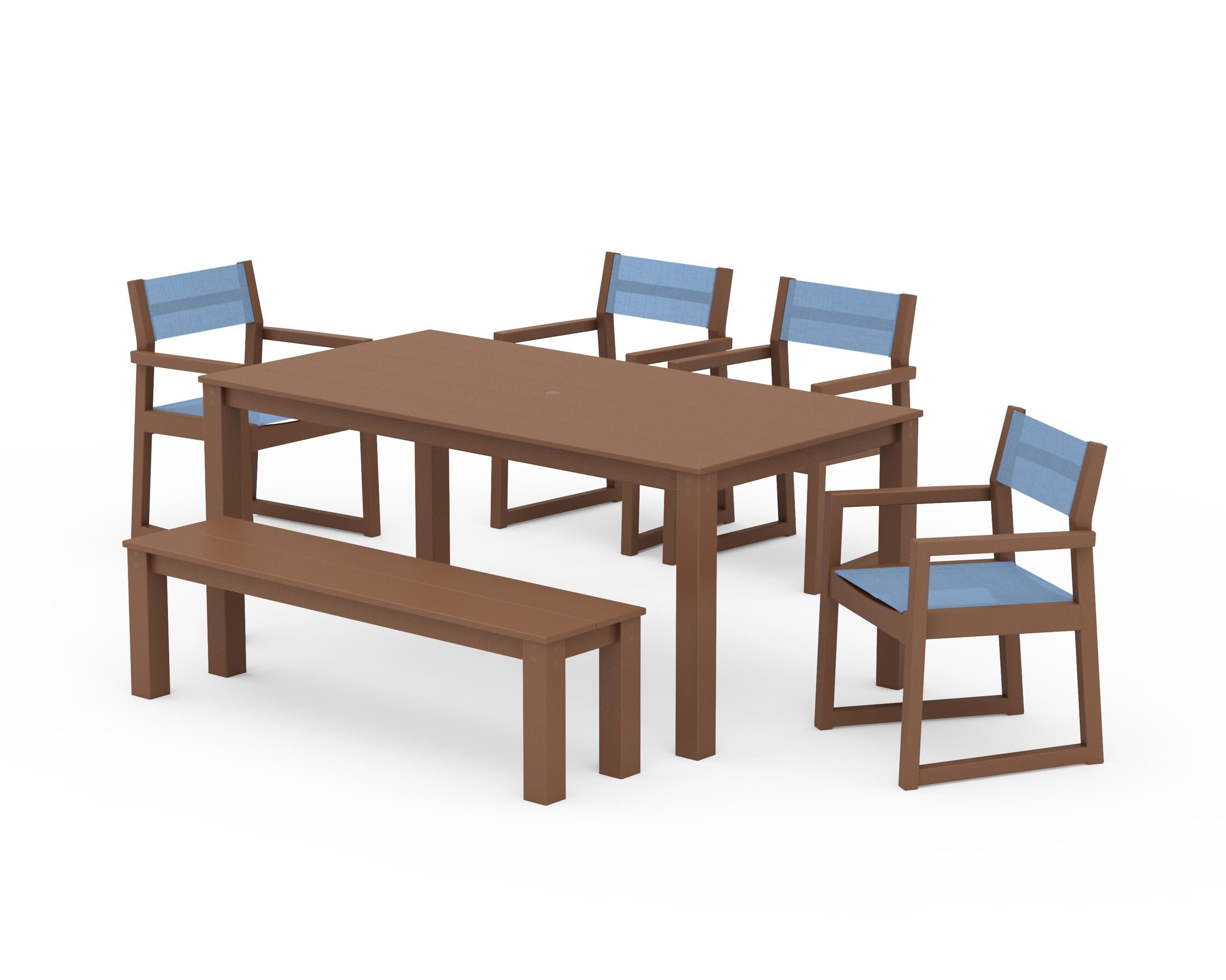 POLYWOOD® EDGE Sling Arm Chair 6-Piece Parsons Dining Set with Bench in Teak / Poolside Sling