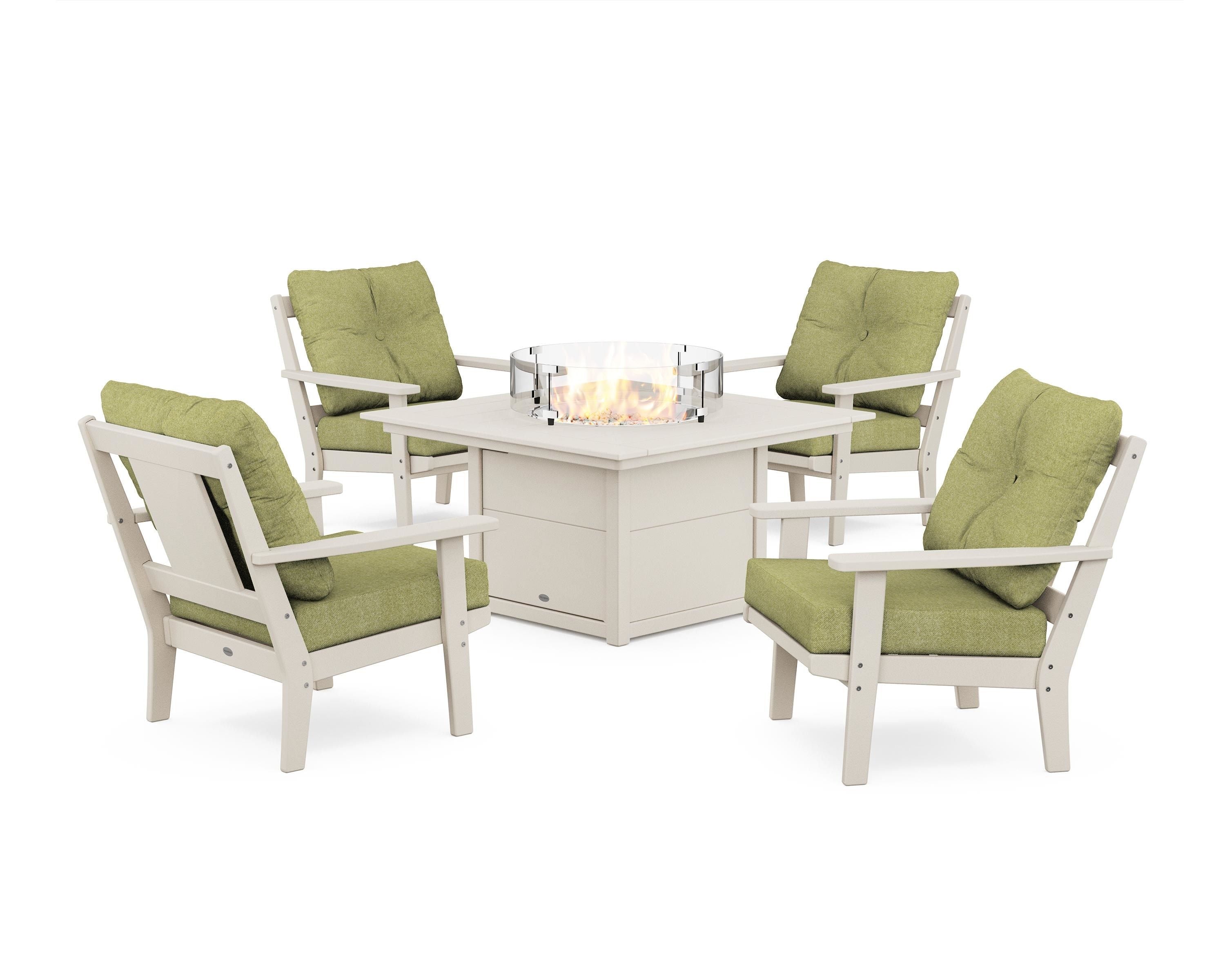 POLYWOOD® Prairie 5-Piece Deep Seating Set with Fire Pit Table in Sand / Chartreuse Boucle